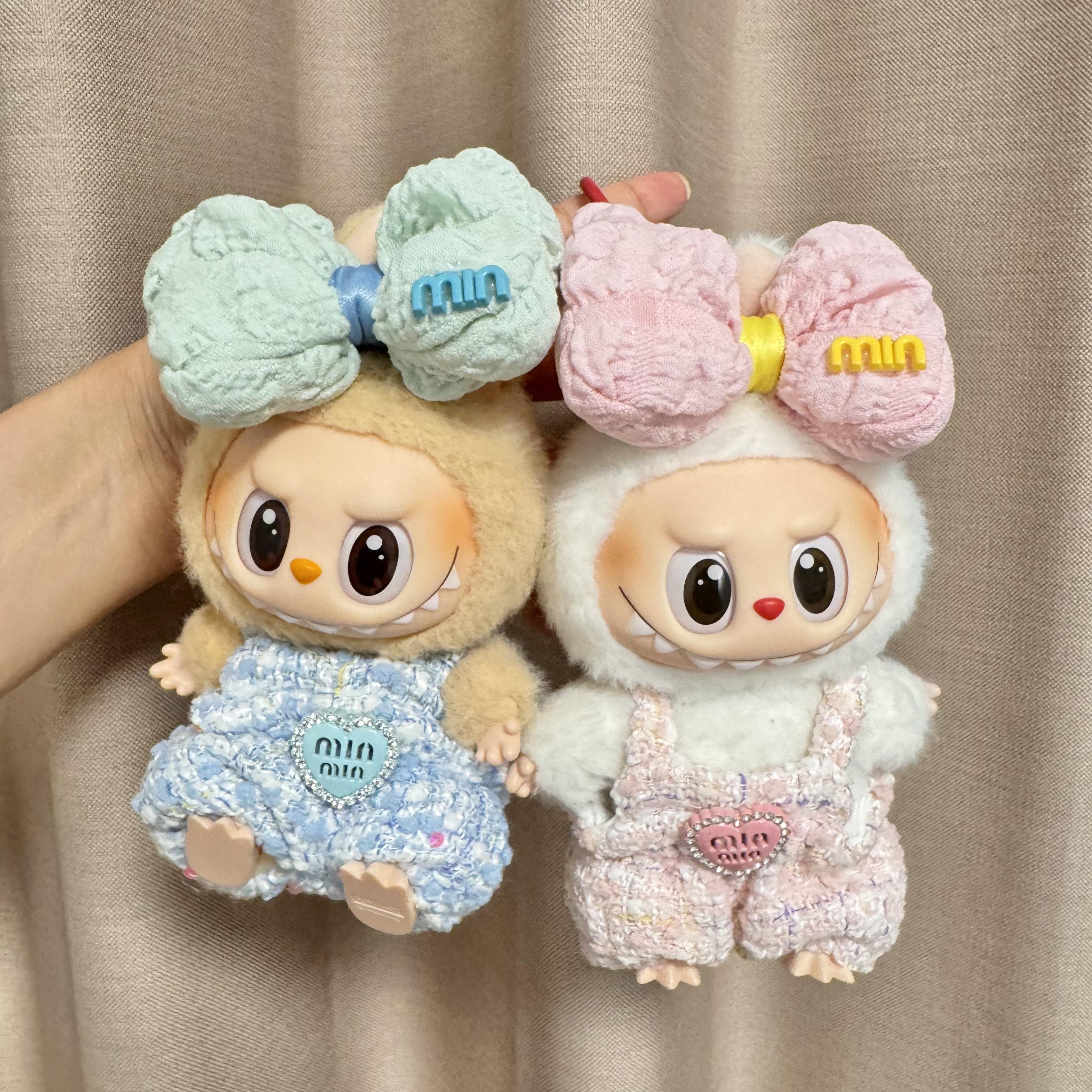 Labubu Doll Clothes - Chic Tweed Doll Outfit Set: Mint Bow Headpiece + Tweed Overalls