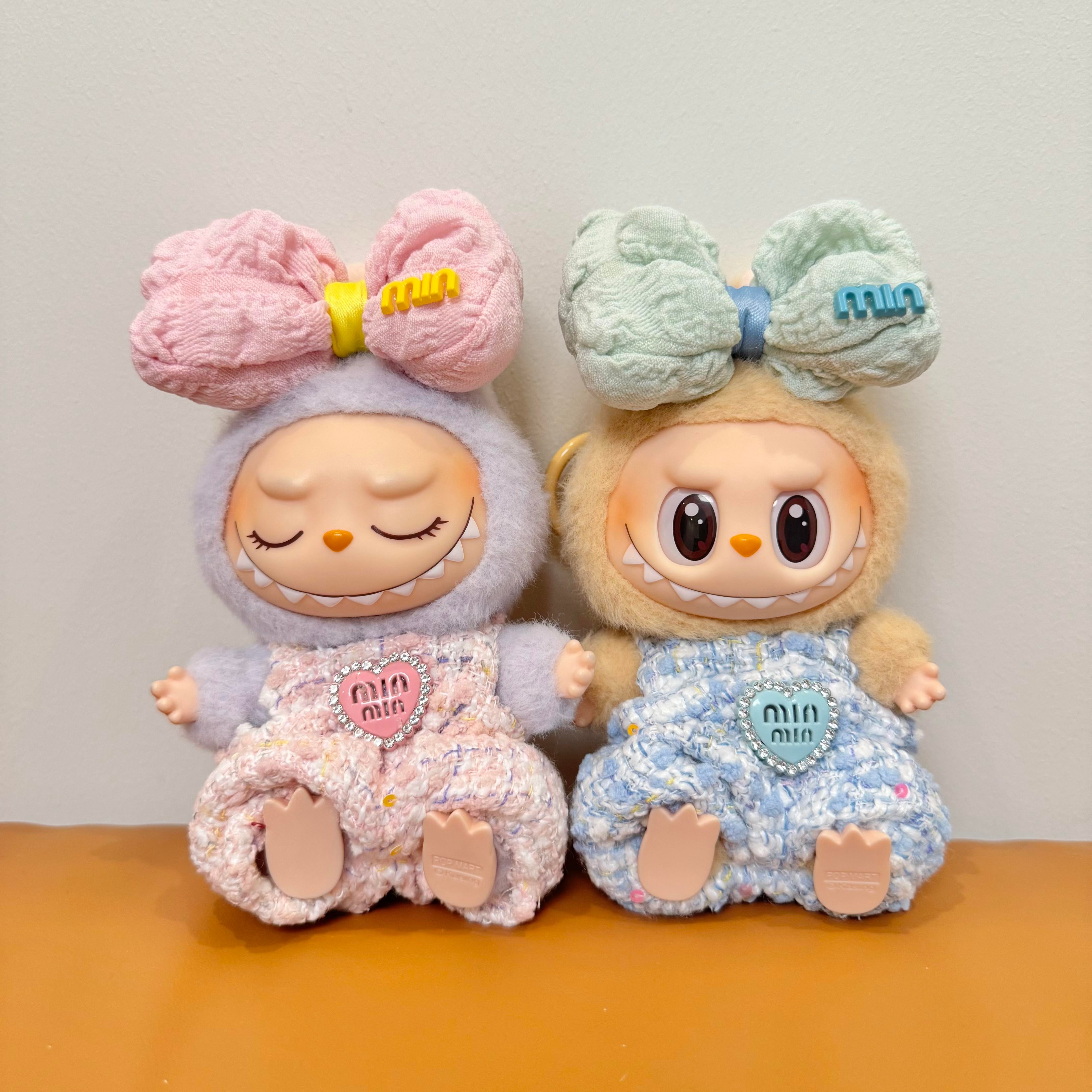 Labubu Doll Clothes - Chic Tweed Doll Outfit Set: Mint Bow Headpiece + Tweed Overalls