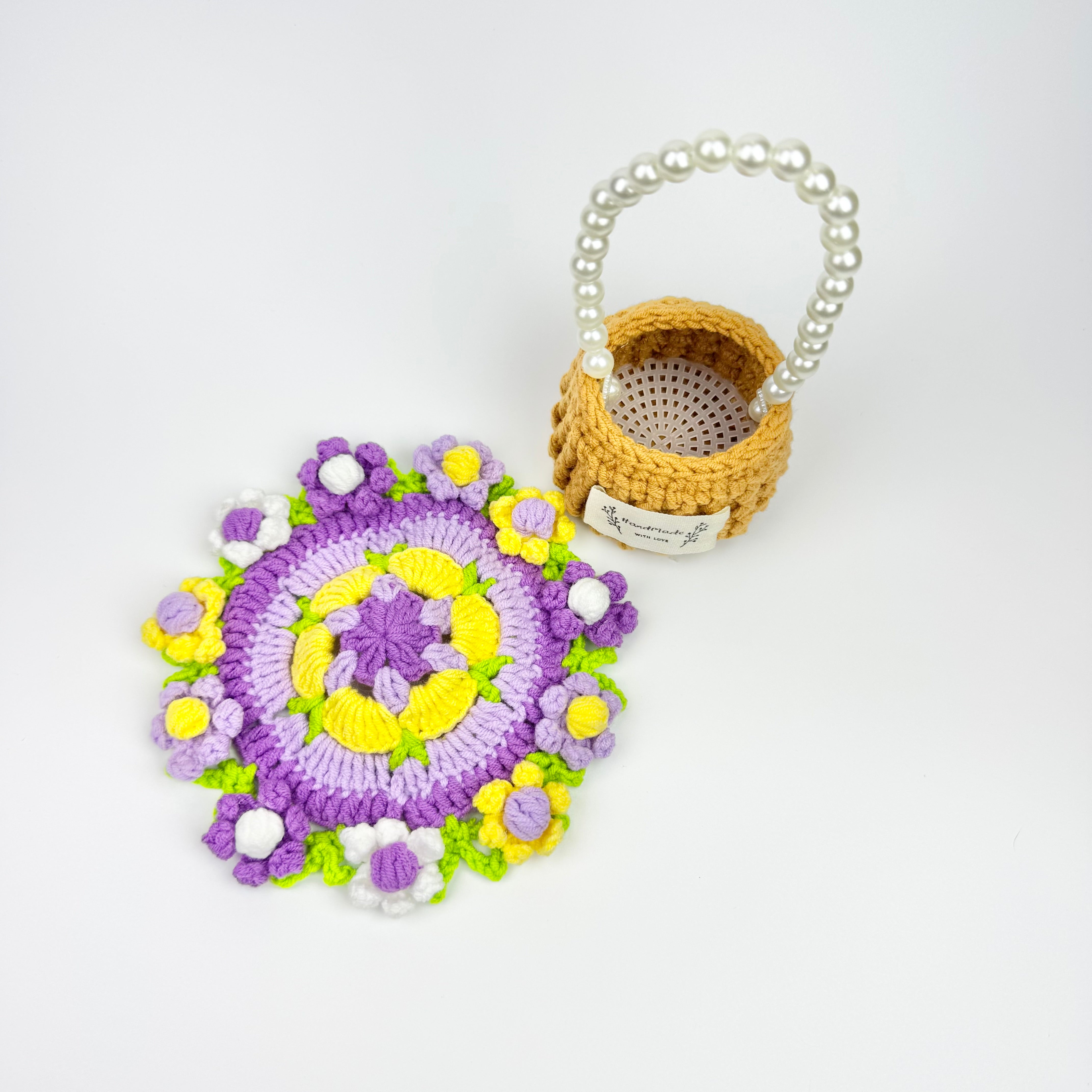 “Purple - Yellow Posy” Handmade Crochet Flower Coaster with Basket Set - Artistic Home Decor