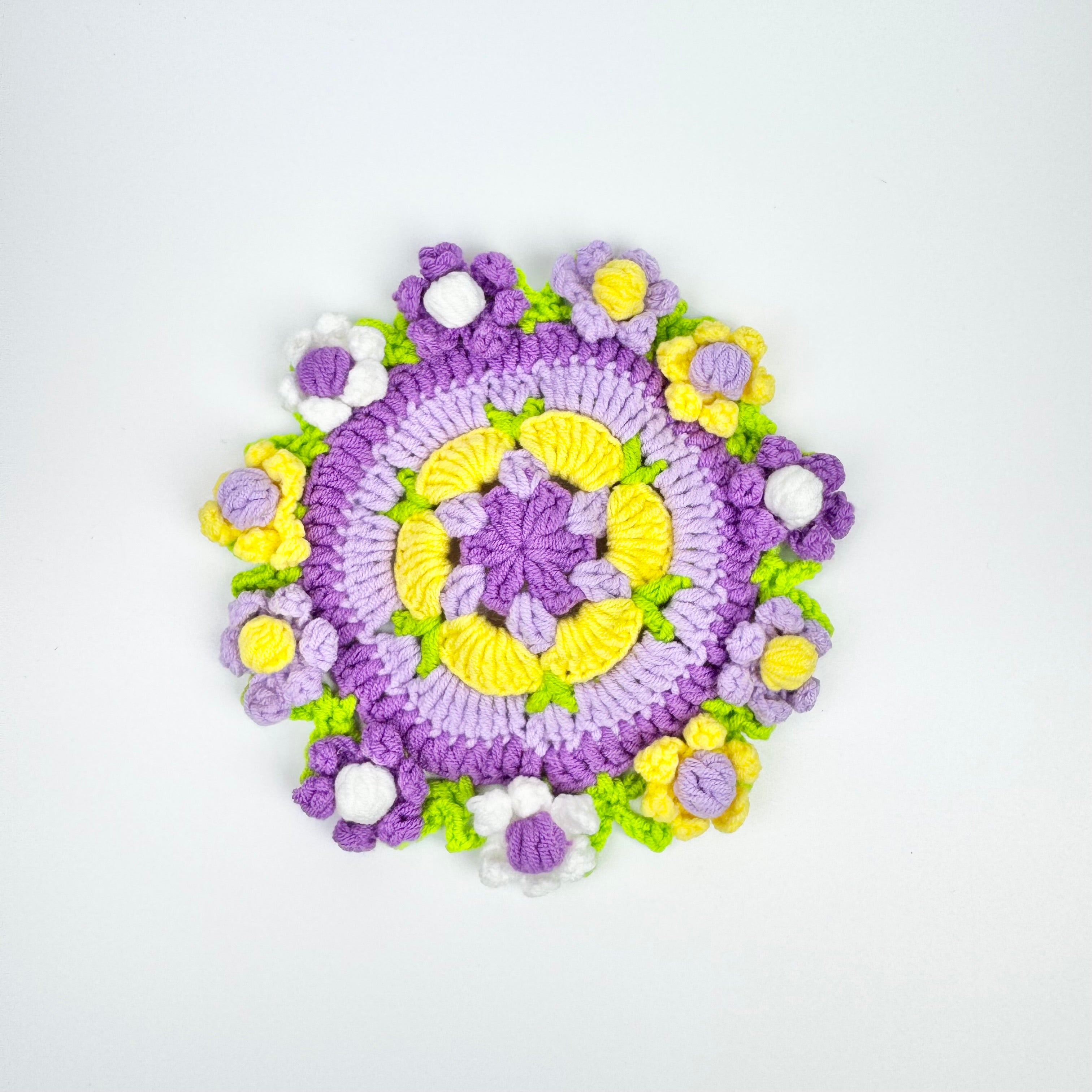 “Purple - Yellow Posy” Handmade Crochet Flower Coaster with Basket Set - Artistic Home Decor