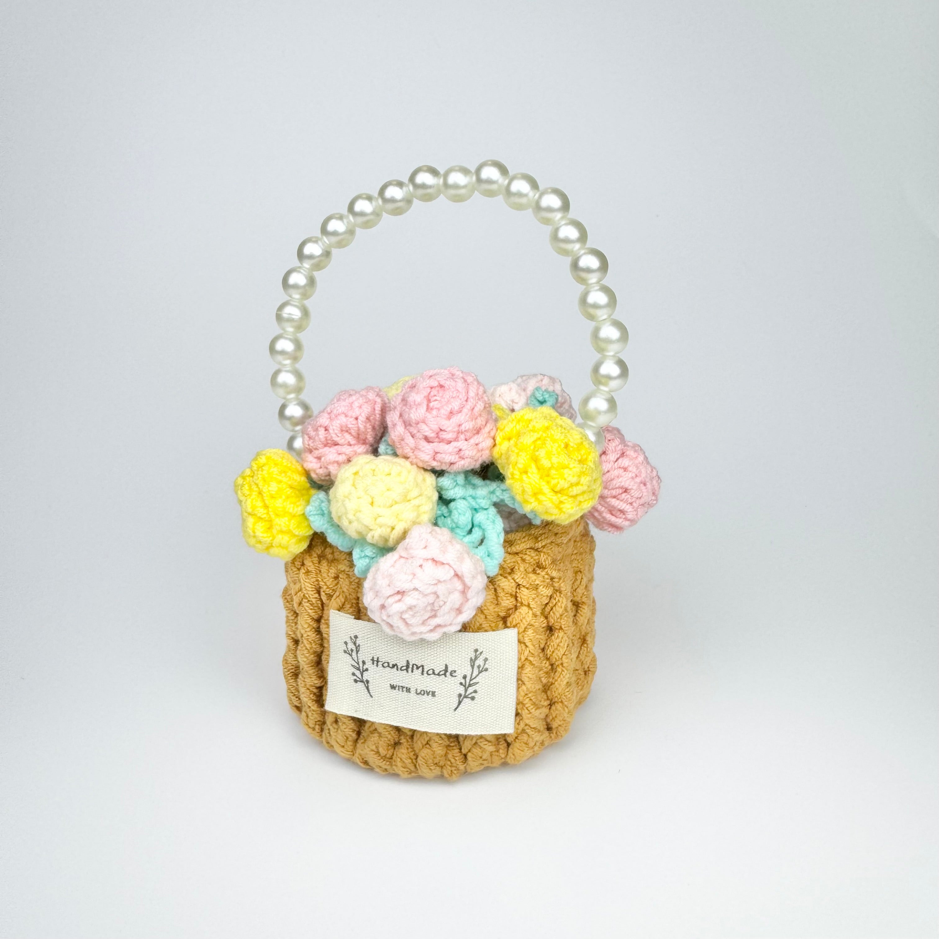 "Pom Pom Flower" Handmade Crochet Flower Coaster with Basket Set - Artistic Home Decor