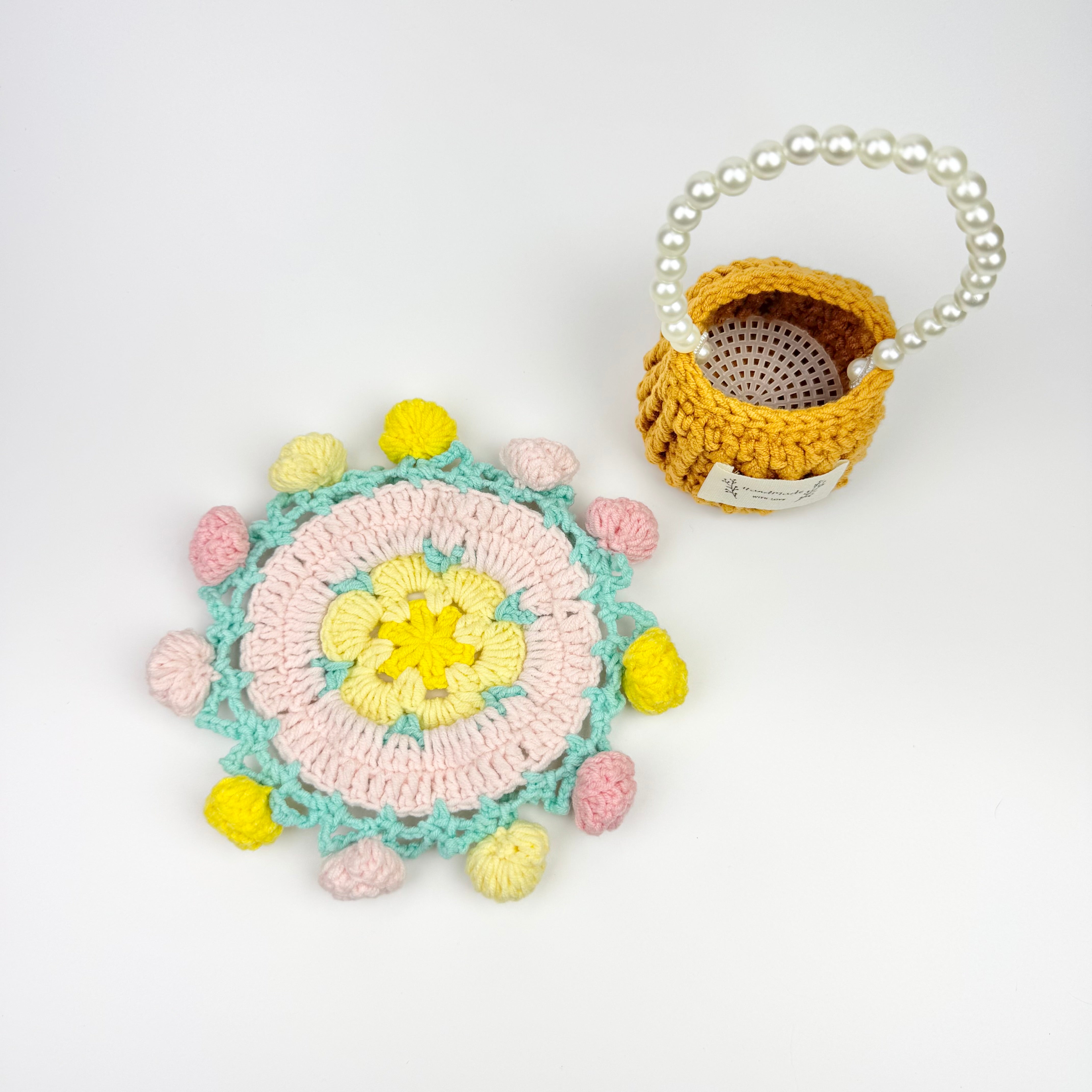 "Pom Pom Flower" Handmade Crochet Flower Coaster with Basket Set - Artistic Home Decor