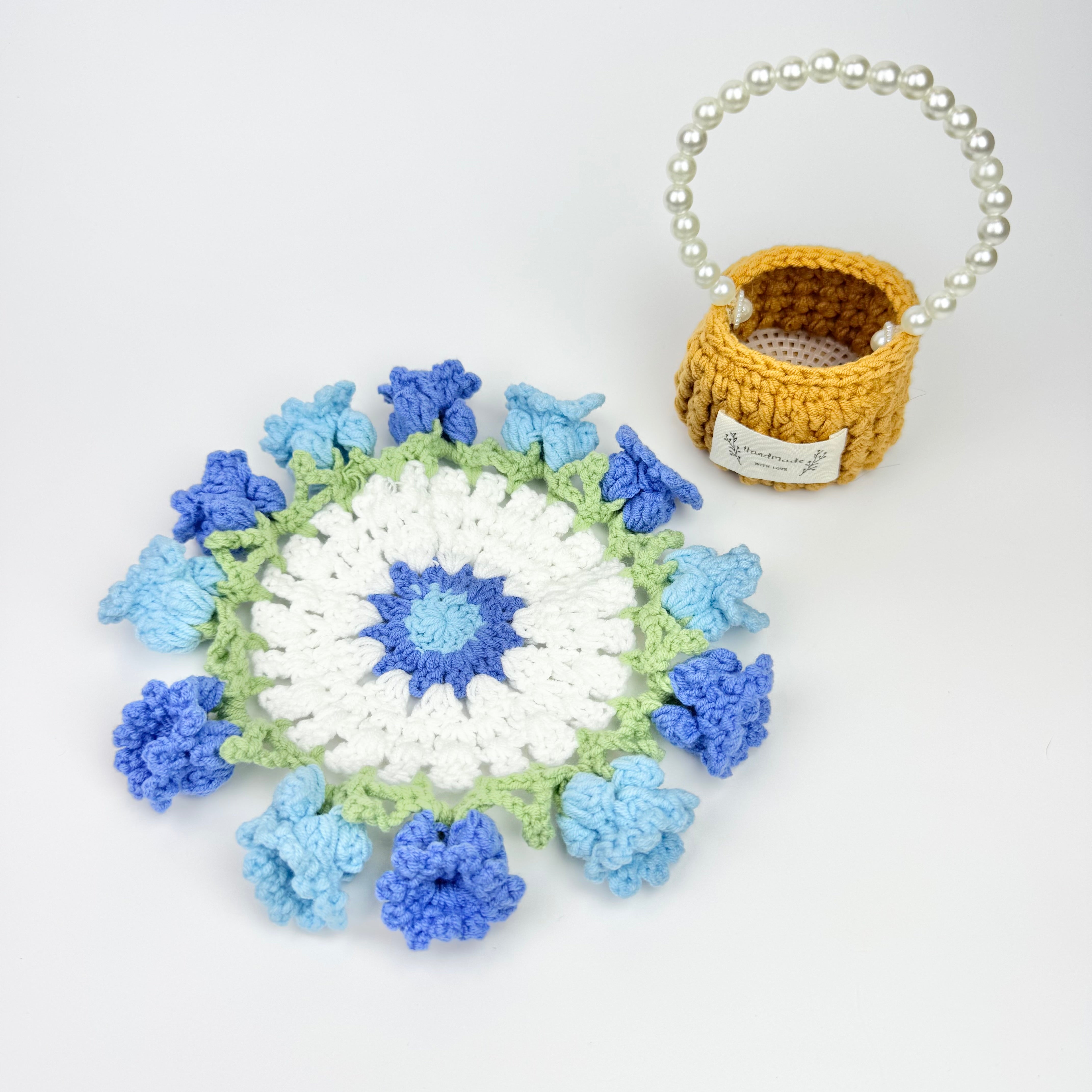 “Bluebell” Handmade Crochet Flower Coaster with Basket Set - Artistic Home Decor