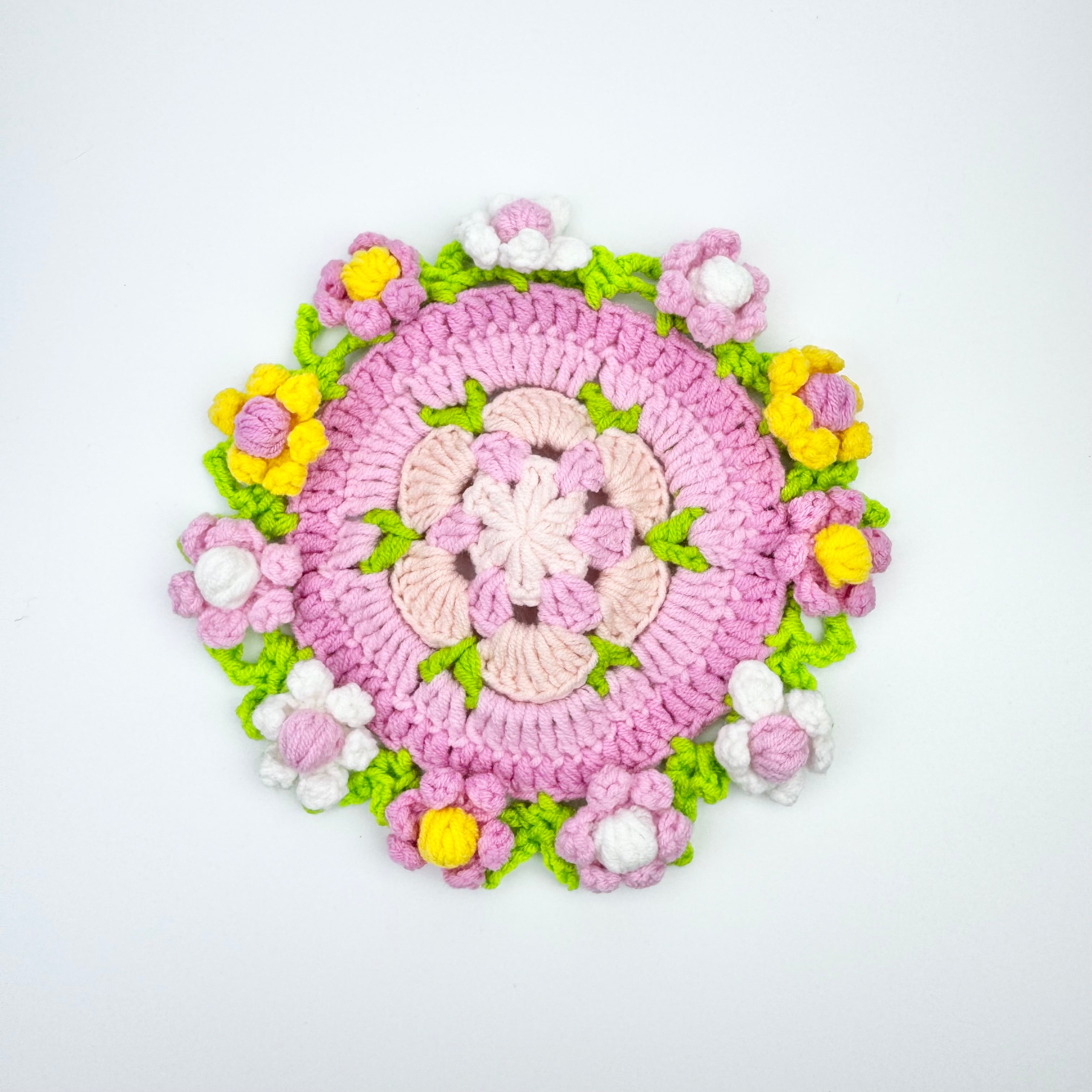 "Pastel Floral" Handmade Crochet Flower Coaster with Basket Set - Artistic Home Decor