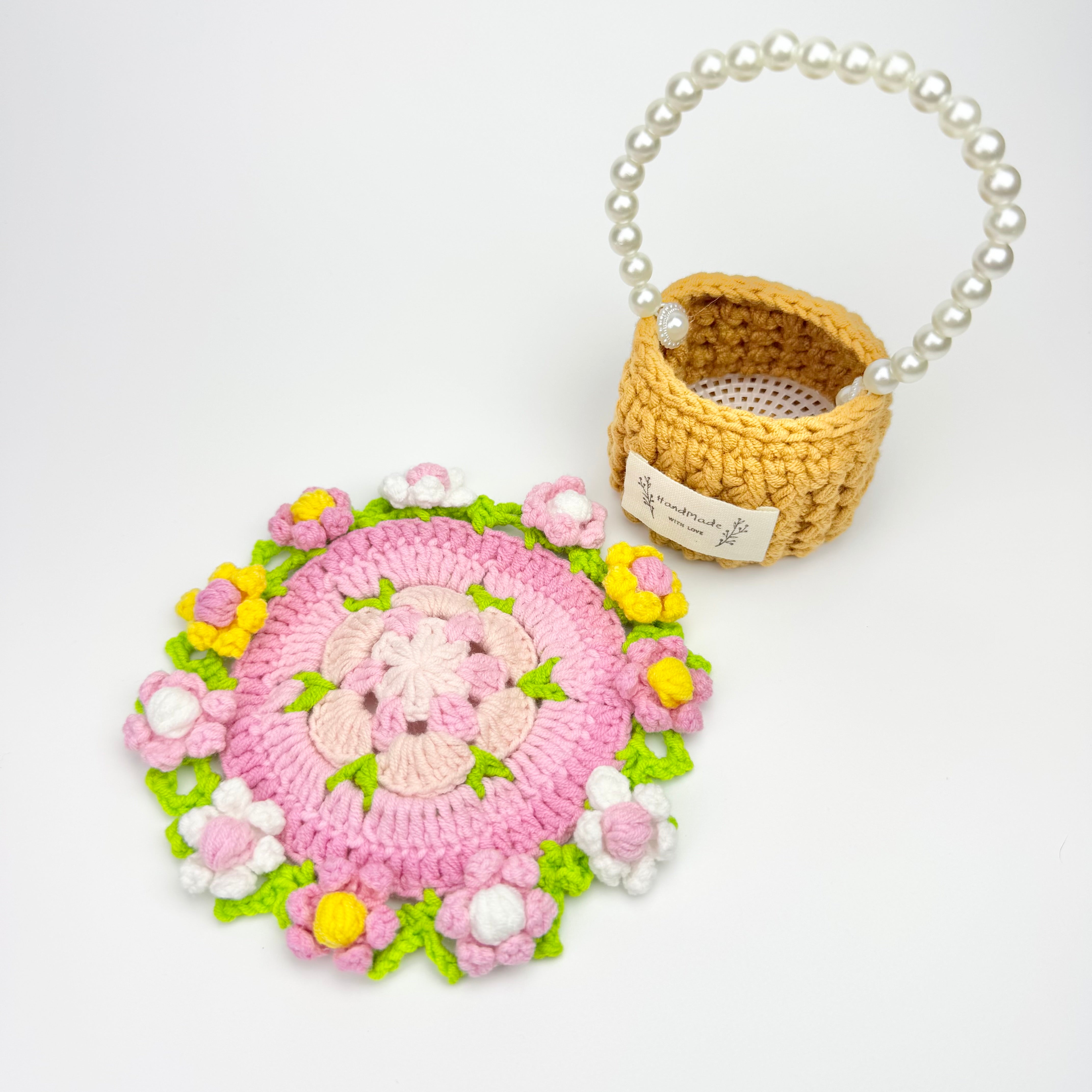 "Pastel Floral" Handmade Crochet Flower Coaster with Basket Set - Artistic Home Decor