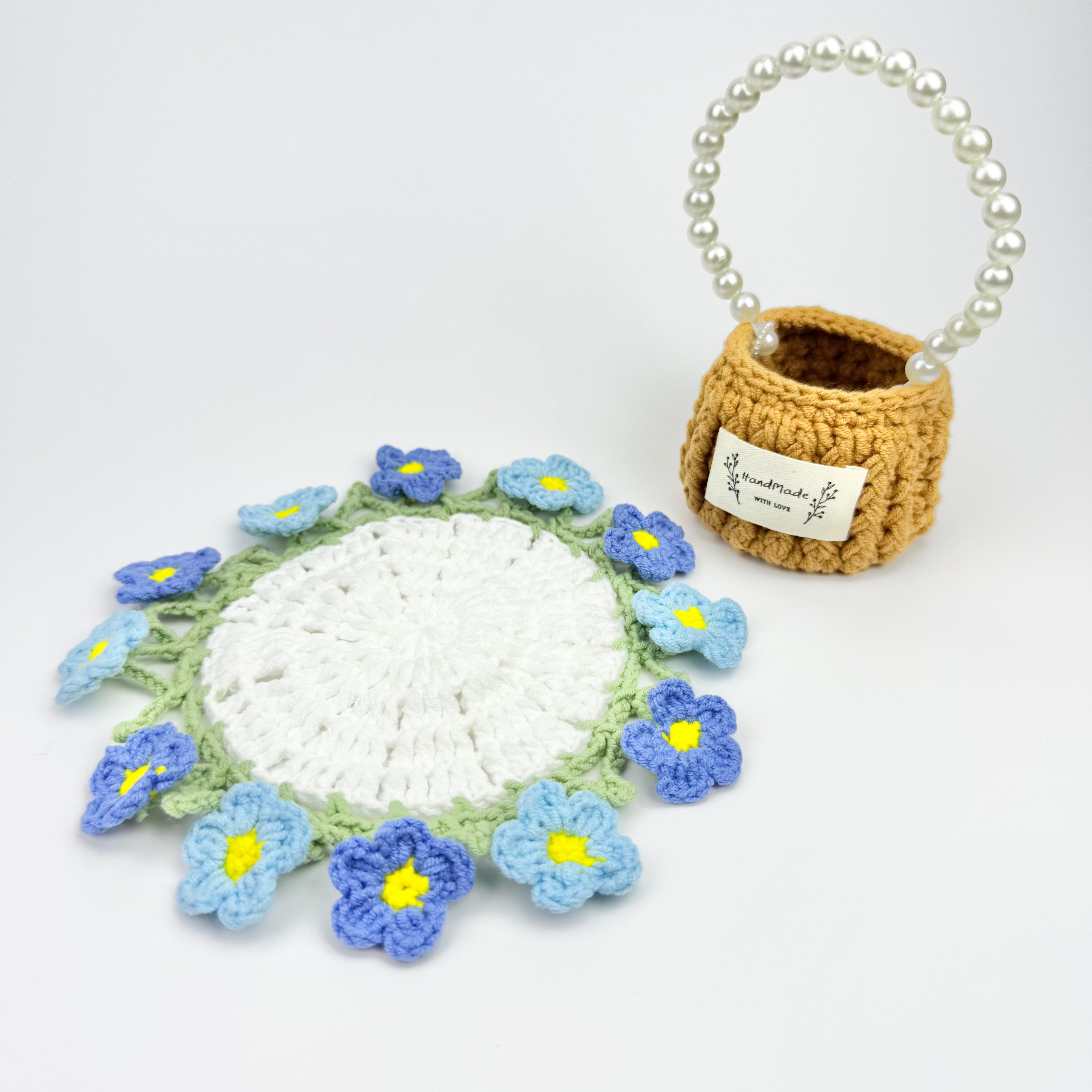 “Forget Me Not” Handmade Crochet Flower Coaster with Basket Set - Artistic Home Decor