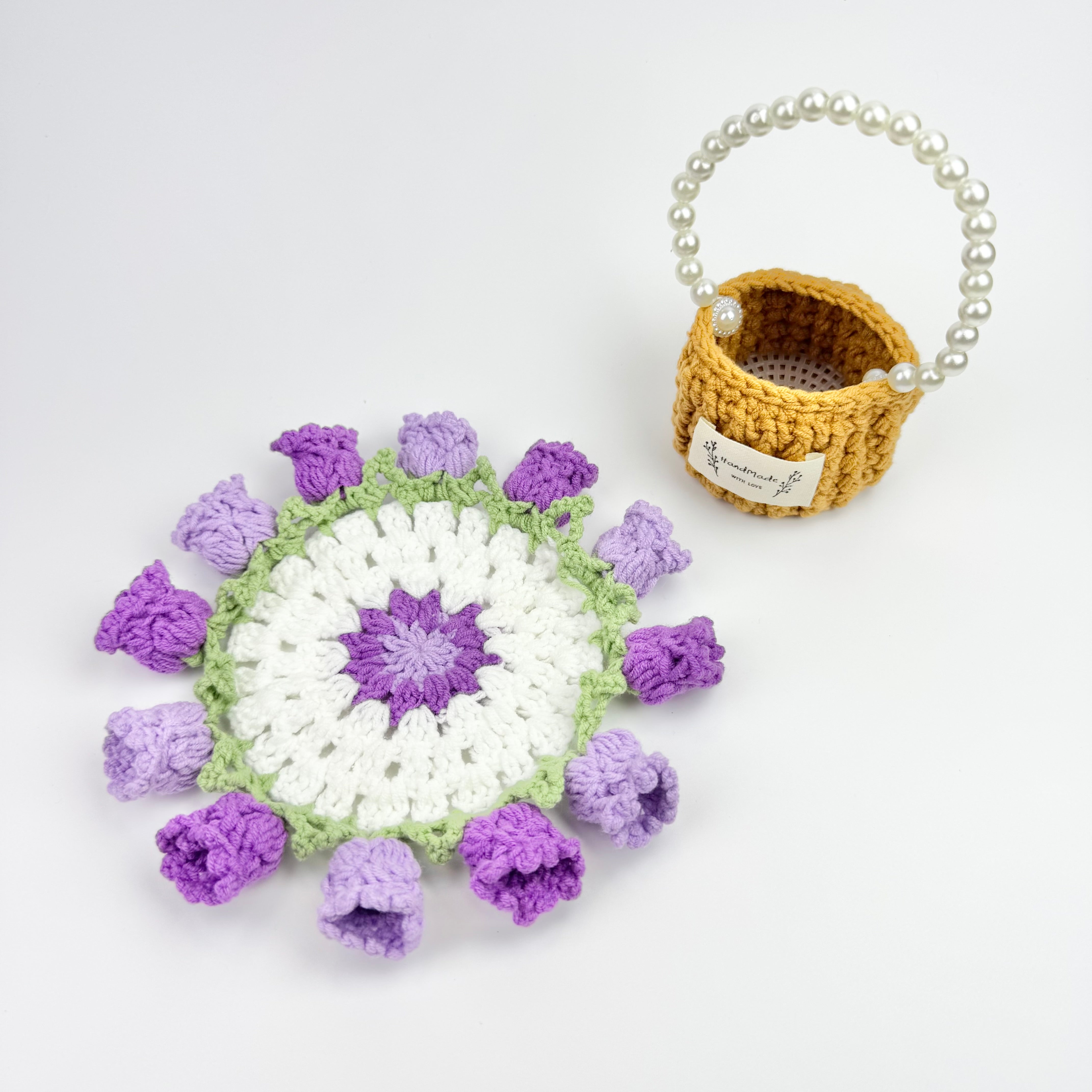 “Violet” Handmade Crochet Flower Coaster & Basket Set - Artistic Home Decor