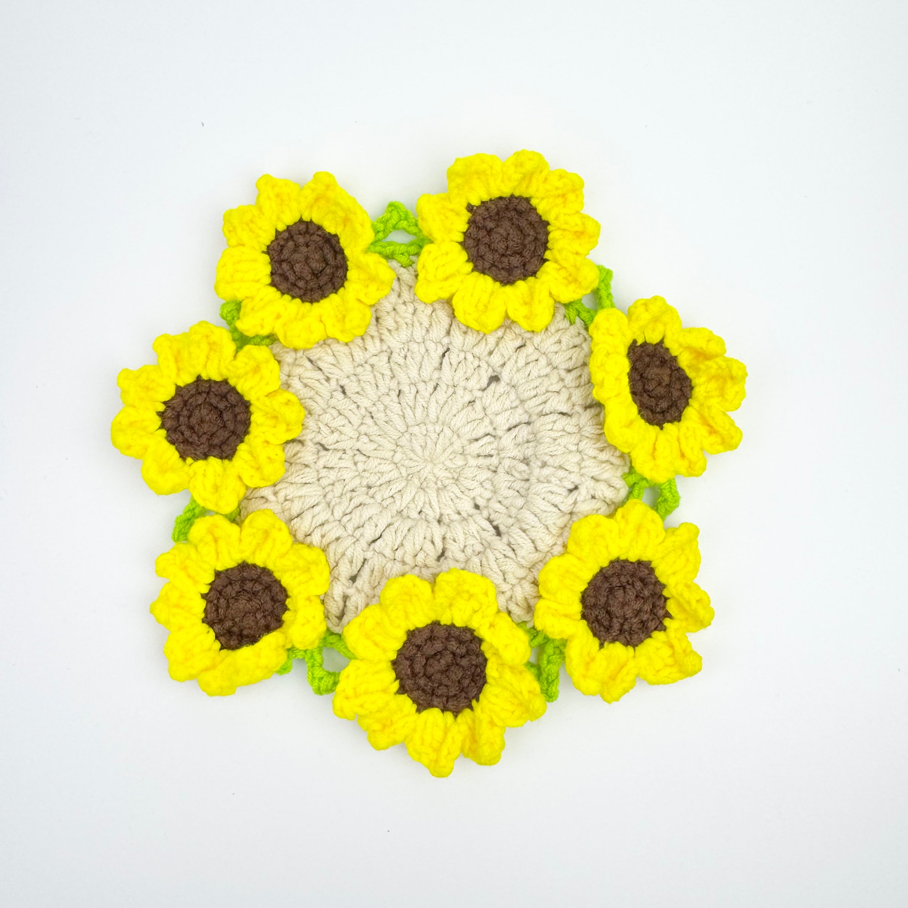 “Sunflower” Handmade Crochet Flower Coaster with Basket Set - Artistic Home Decor