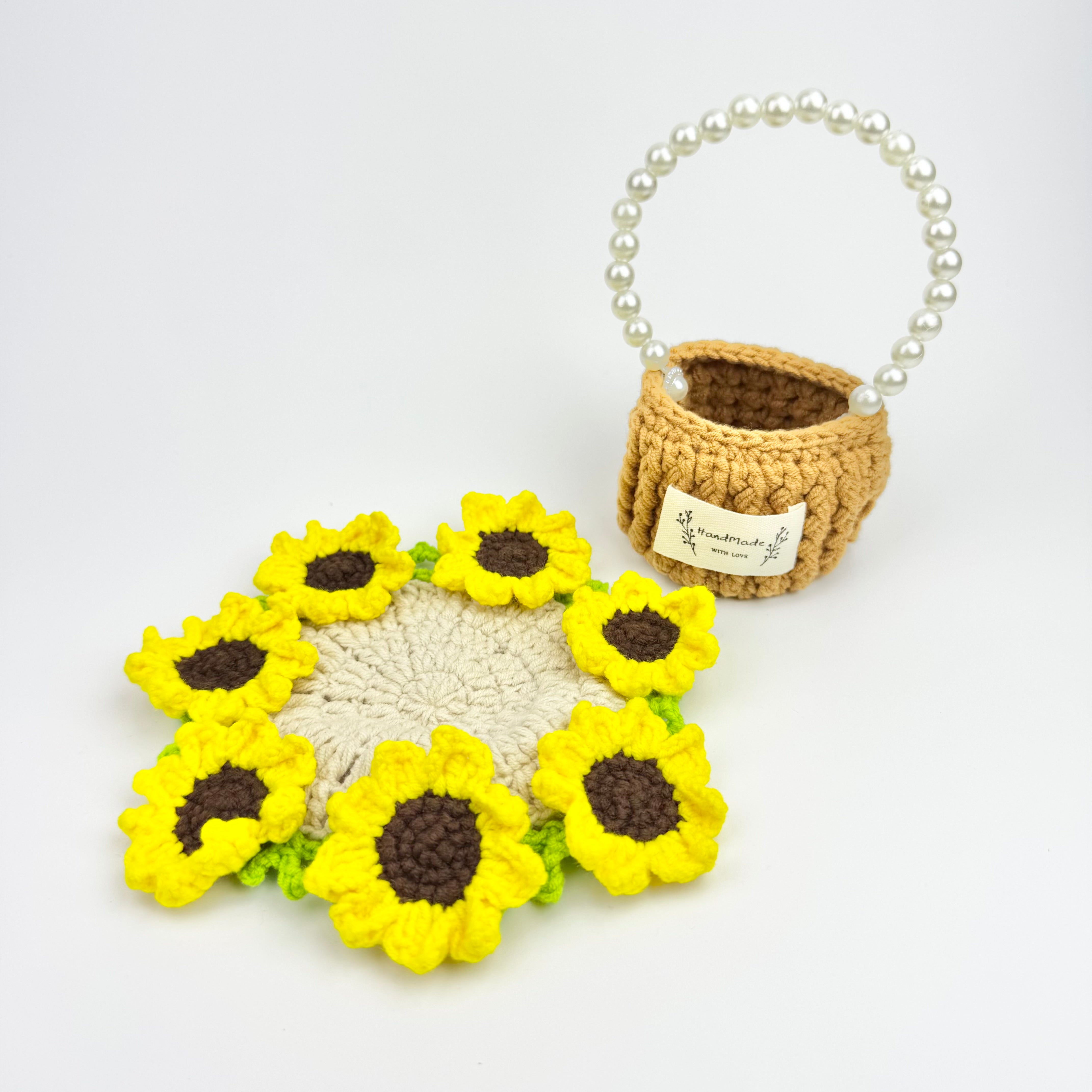 “Sunflower” Handmade Crochet Flower Coaster with Basket Set - Artistic Home Decor