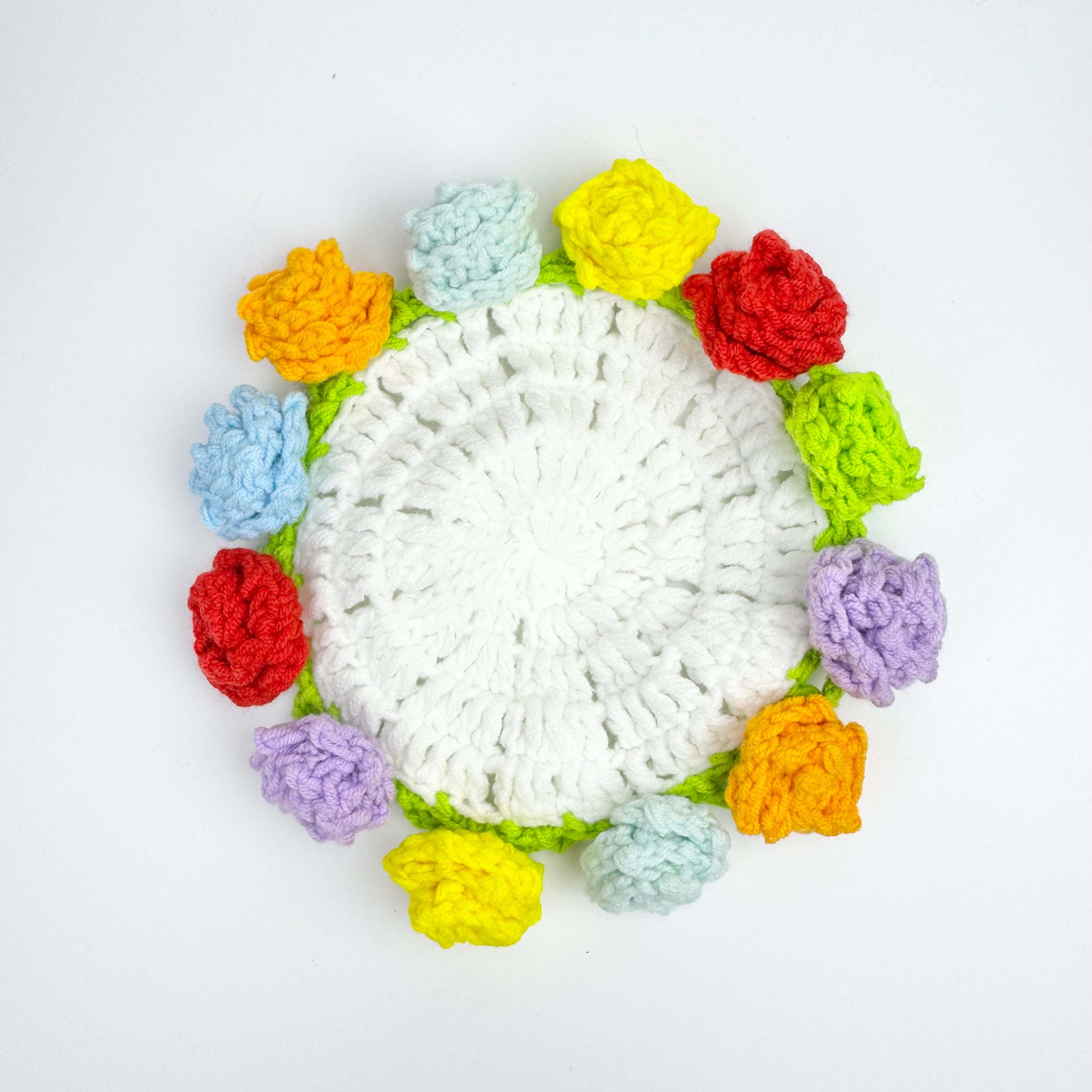 “Multicolor Rose” Handmade Crochet Flower Coaster with Basket Set - Artistic Home Decor