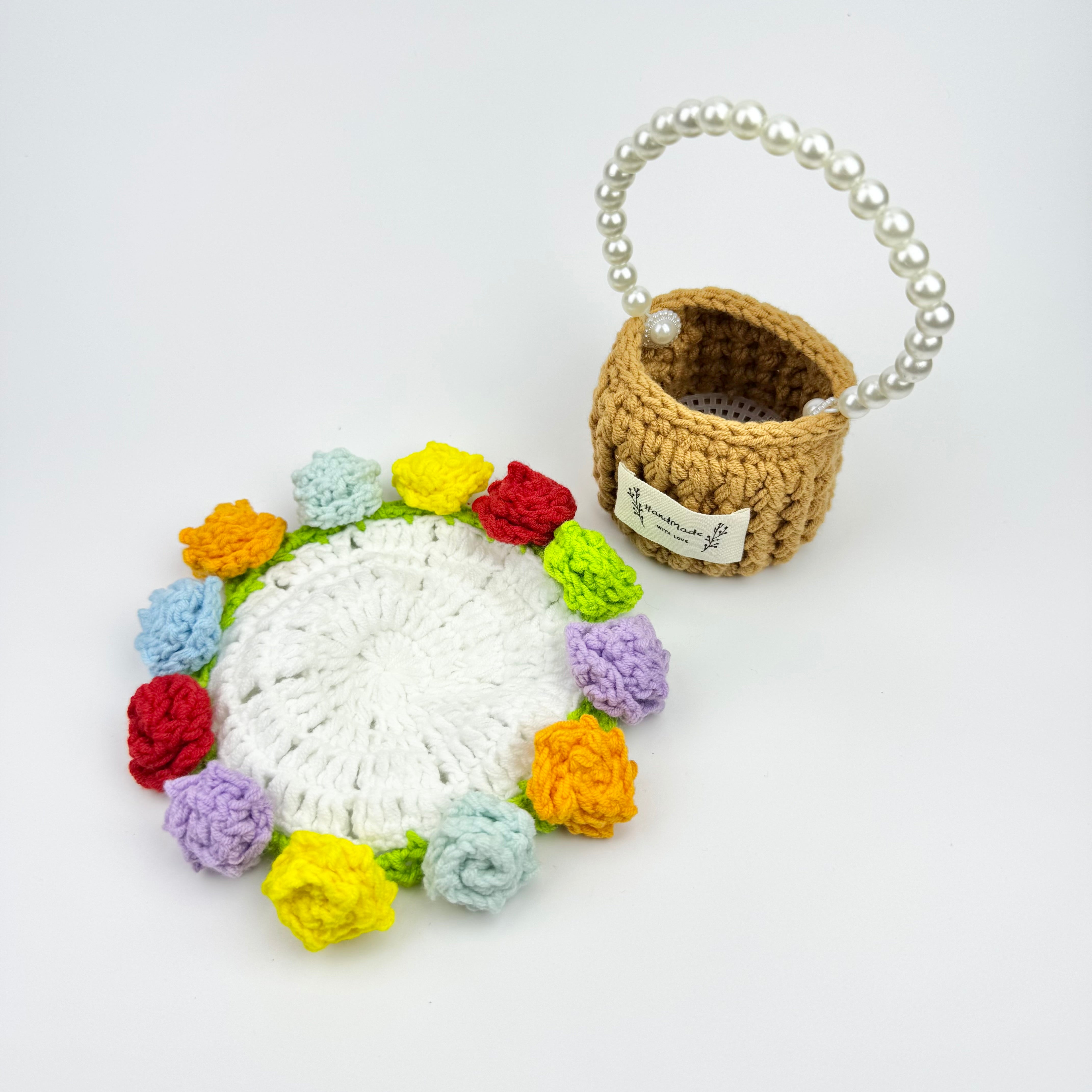 “Multicolor Rose” Handmade Crochet Flower Coaster with Basket Set - Artistic Home Decor