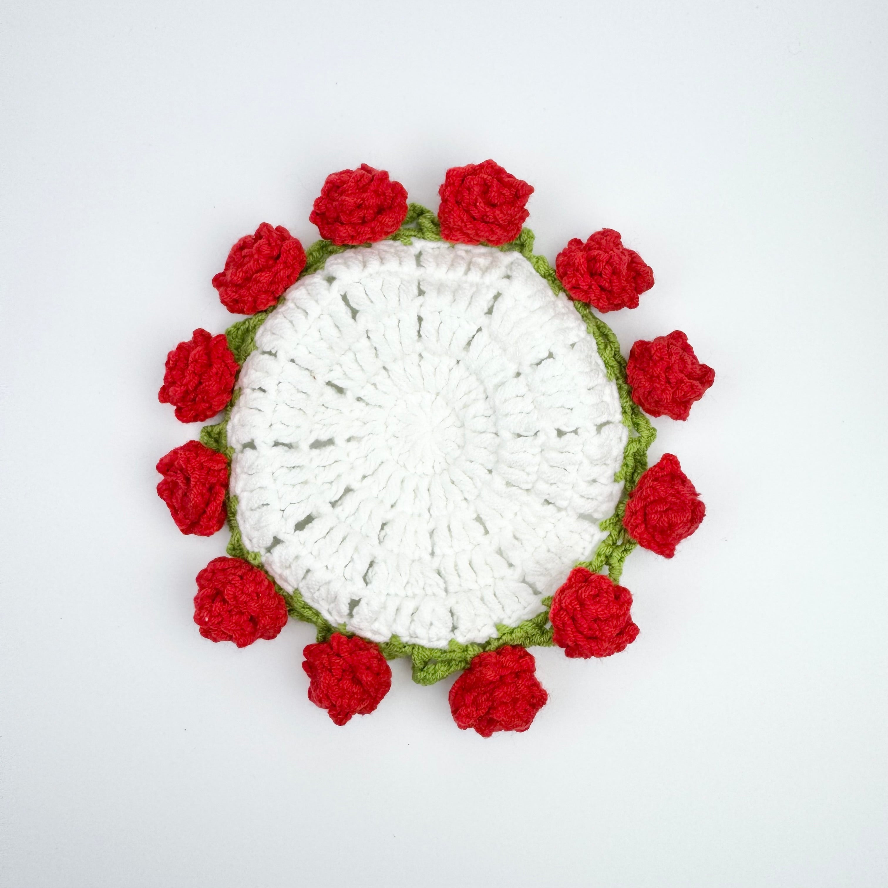 "Red Rose" Handmade Crochet Flower Coaster with Basket Set - Artistic Home Decor