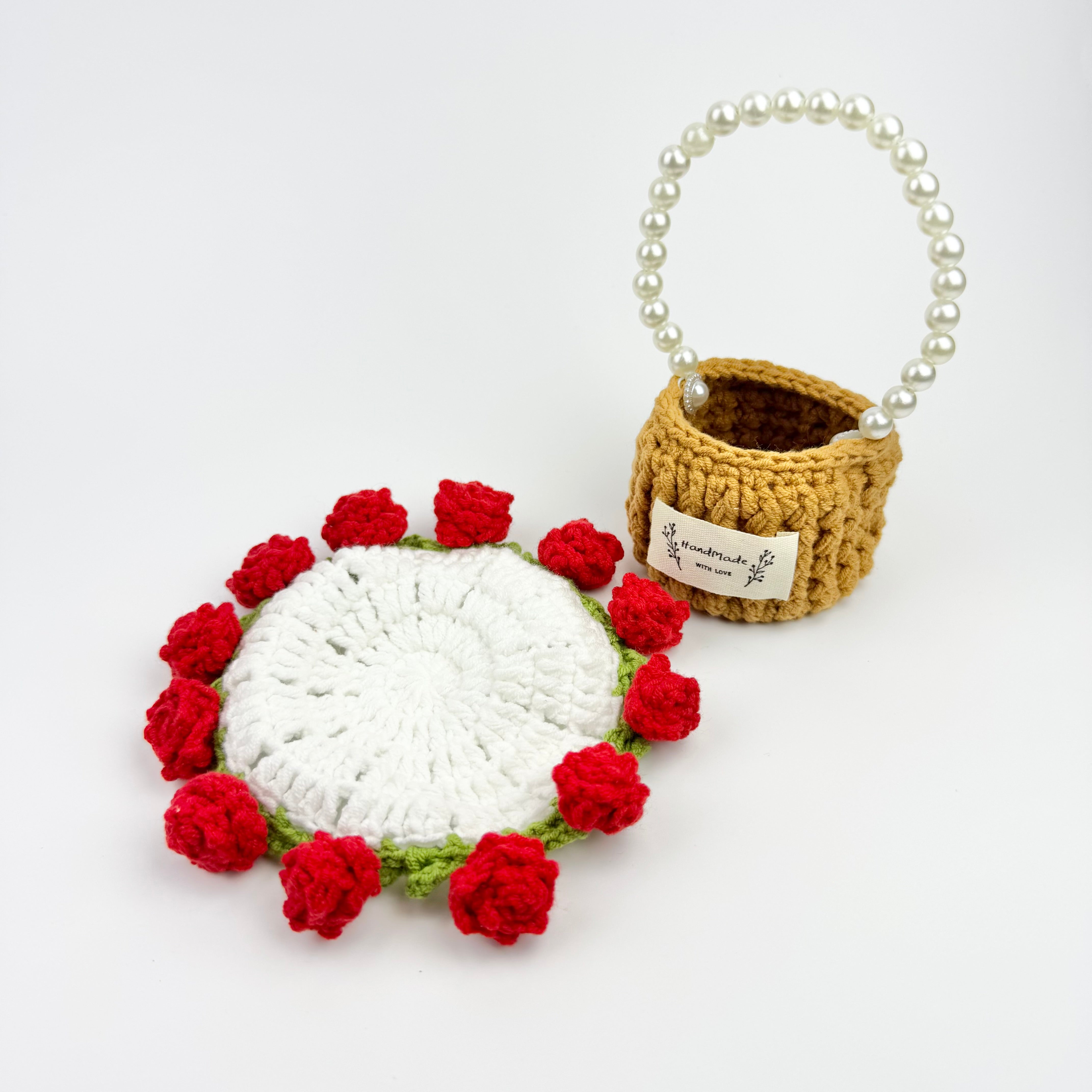 "Red Rose" Handmade Crochet Flower Coaster with Basket Set - Artistic Home Decor