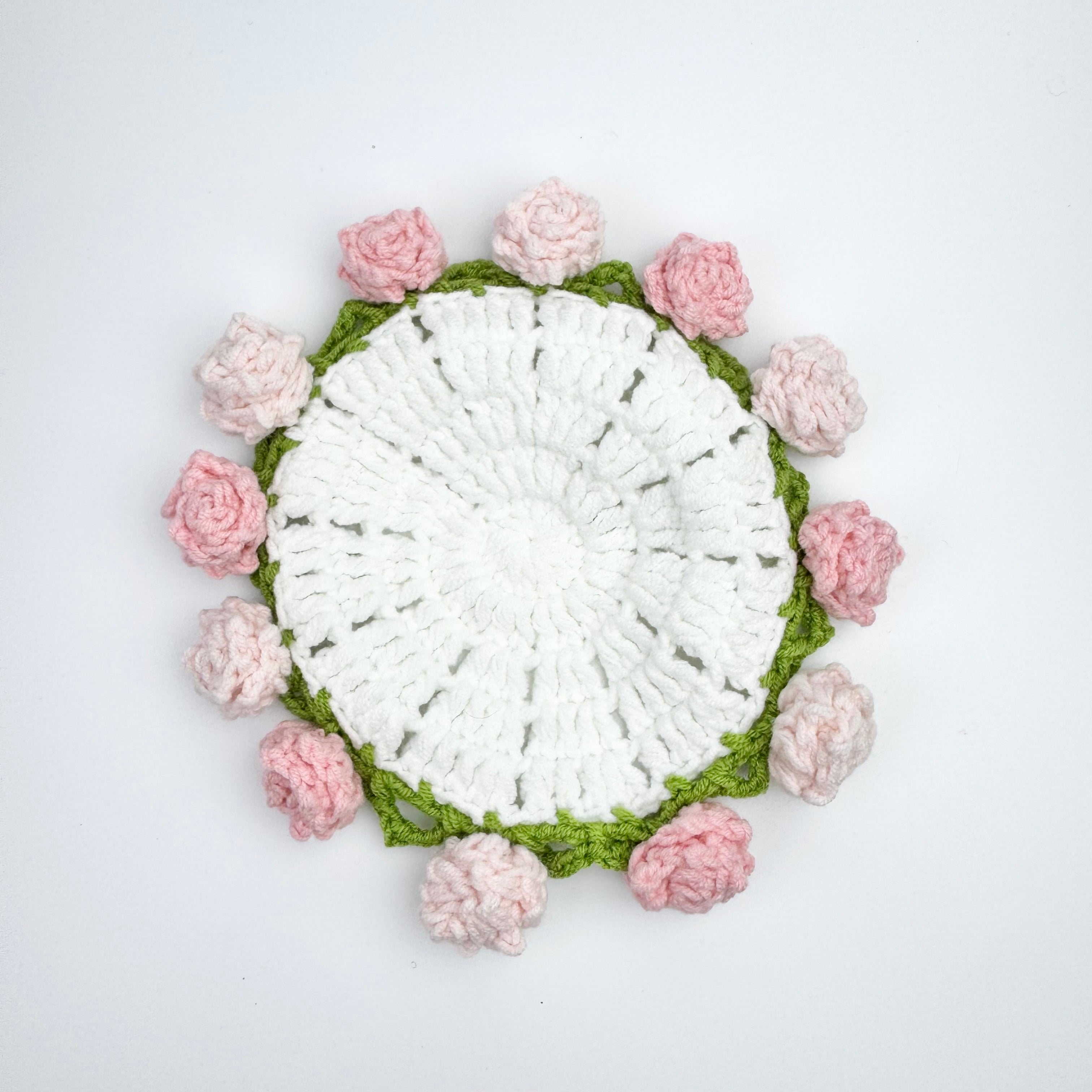 “Pink Rose” Handmade Crochet Flower Coaster with Basket Set - Artistic Home Decor