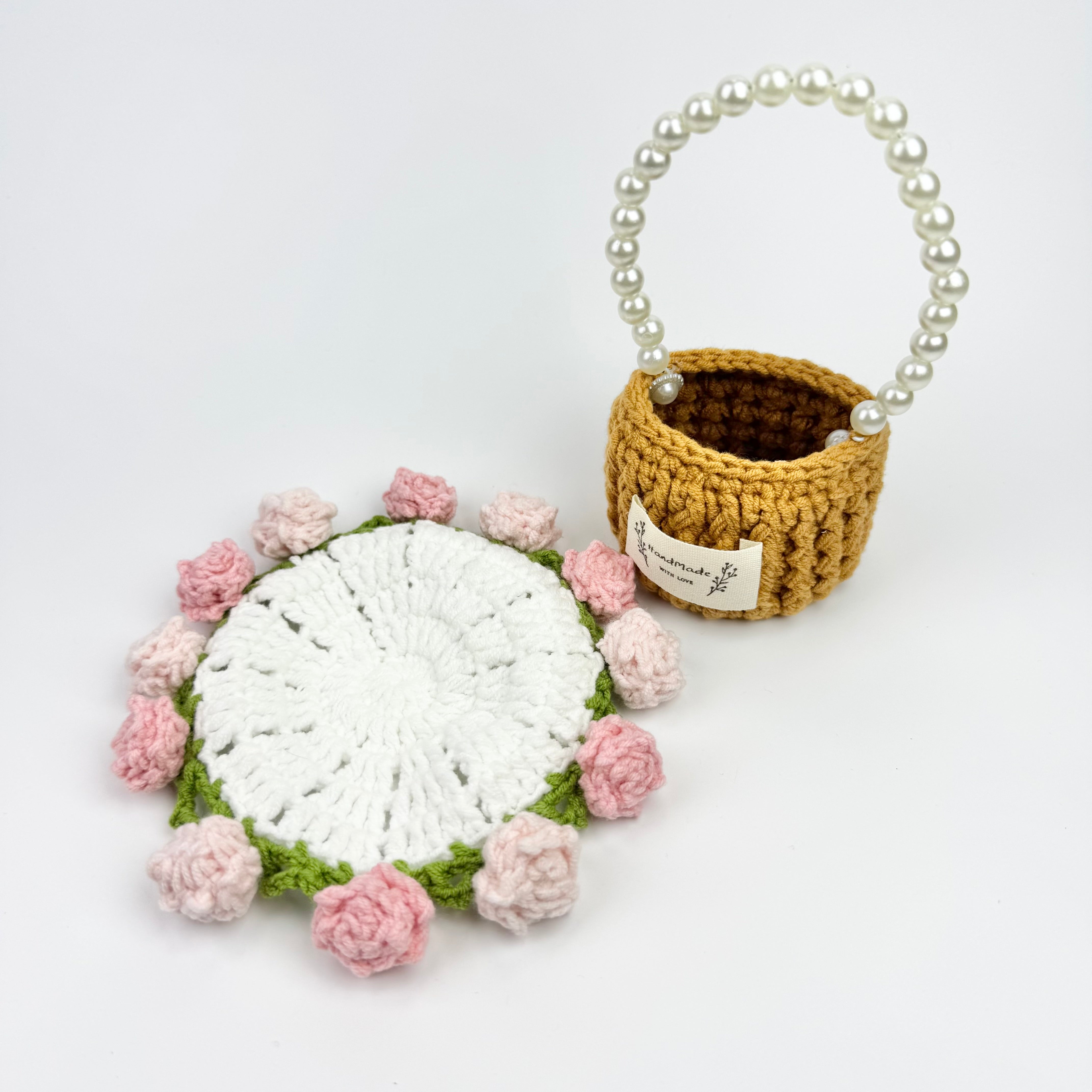 “Pink Rose” Handmade Crochet Flower Coaster with Basket Set - Artistic Home Decor