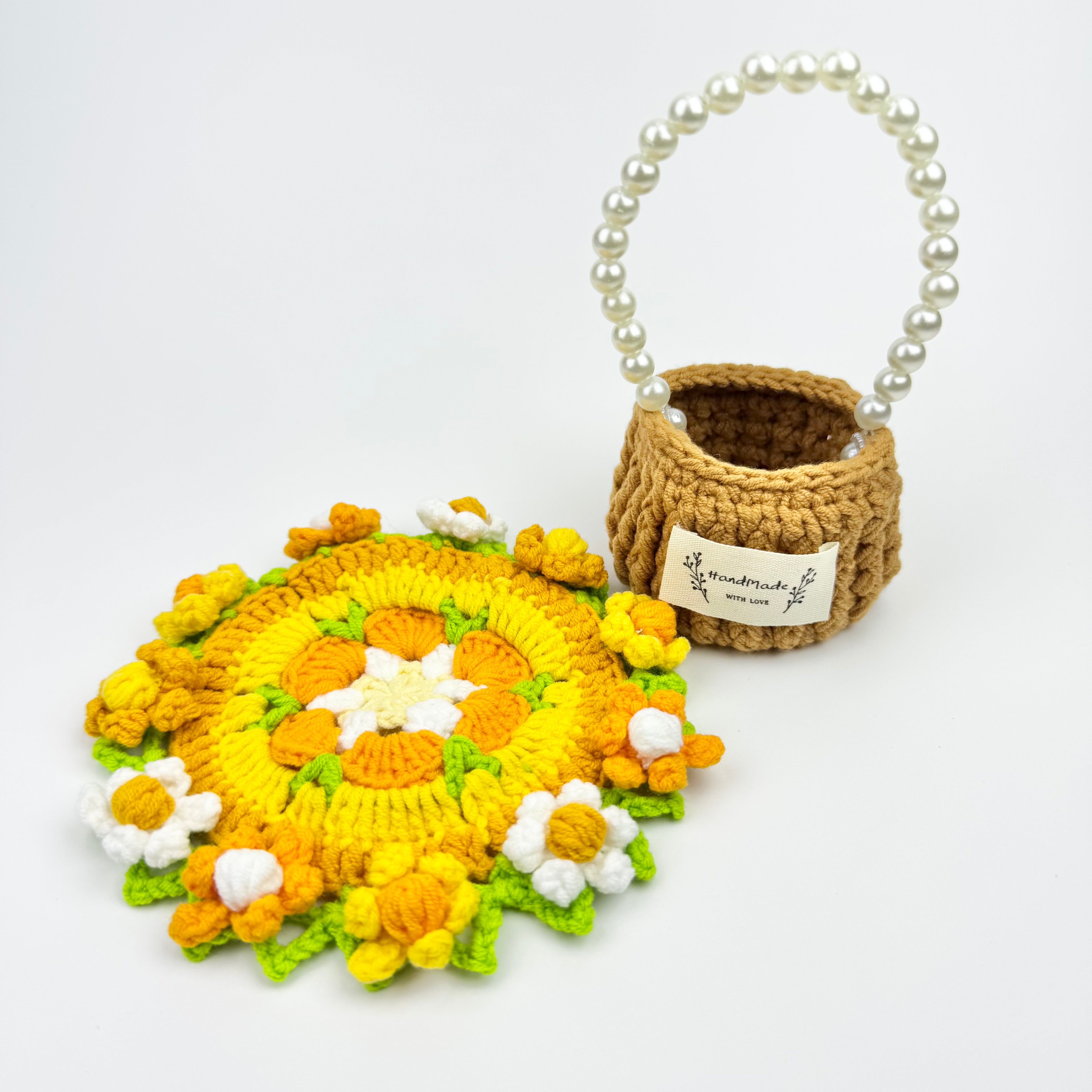 "Sunshine Daisy" Handmade Crochet Flower Coaster with Basket Set - Artistic Home Decor