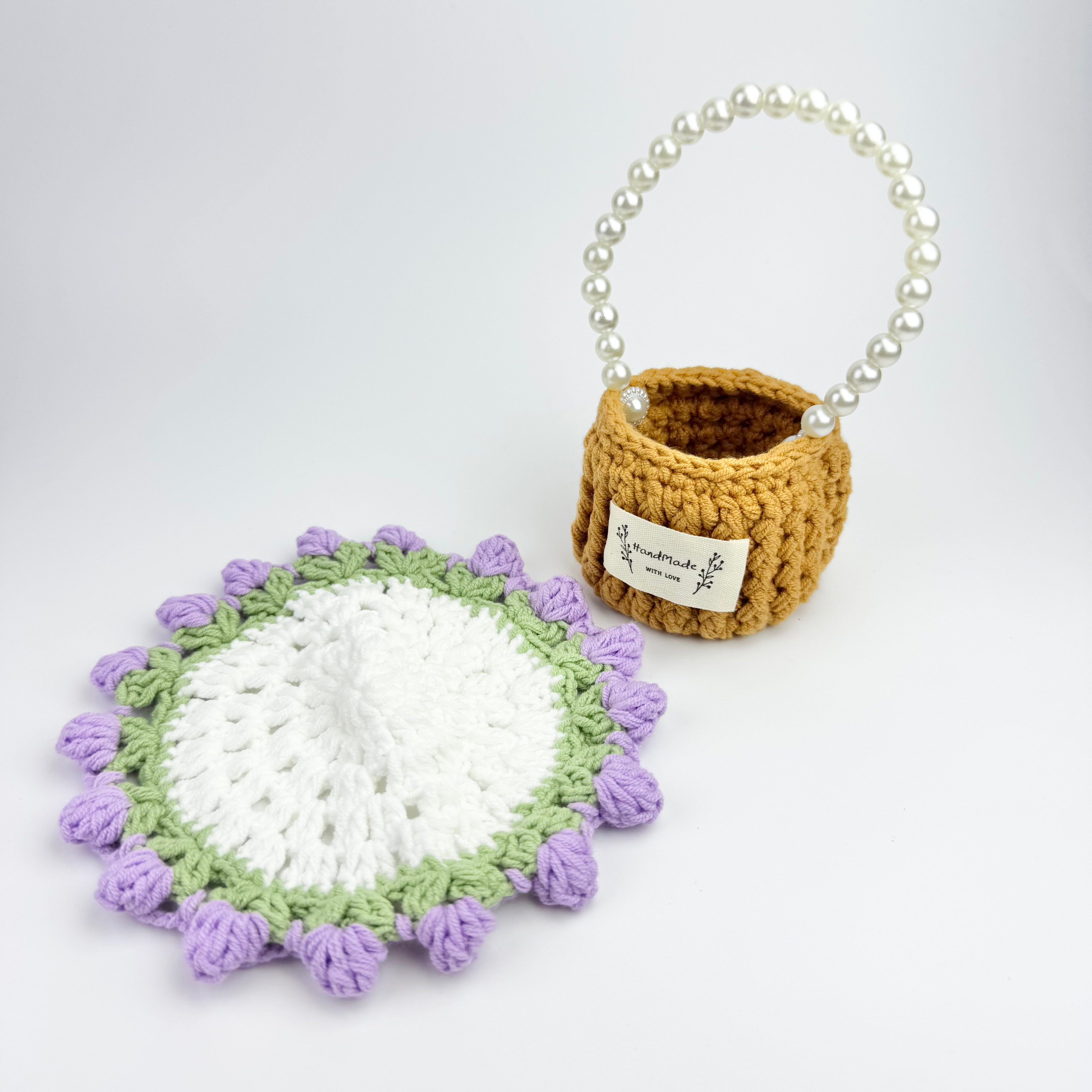 “Lavender” Handmade Crochet Flower Coaster with Basket Set - Artistic Home Decor