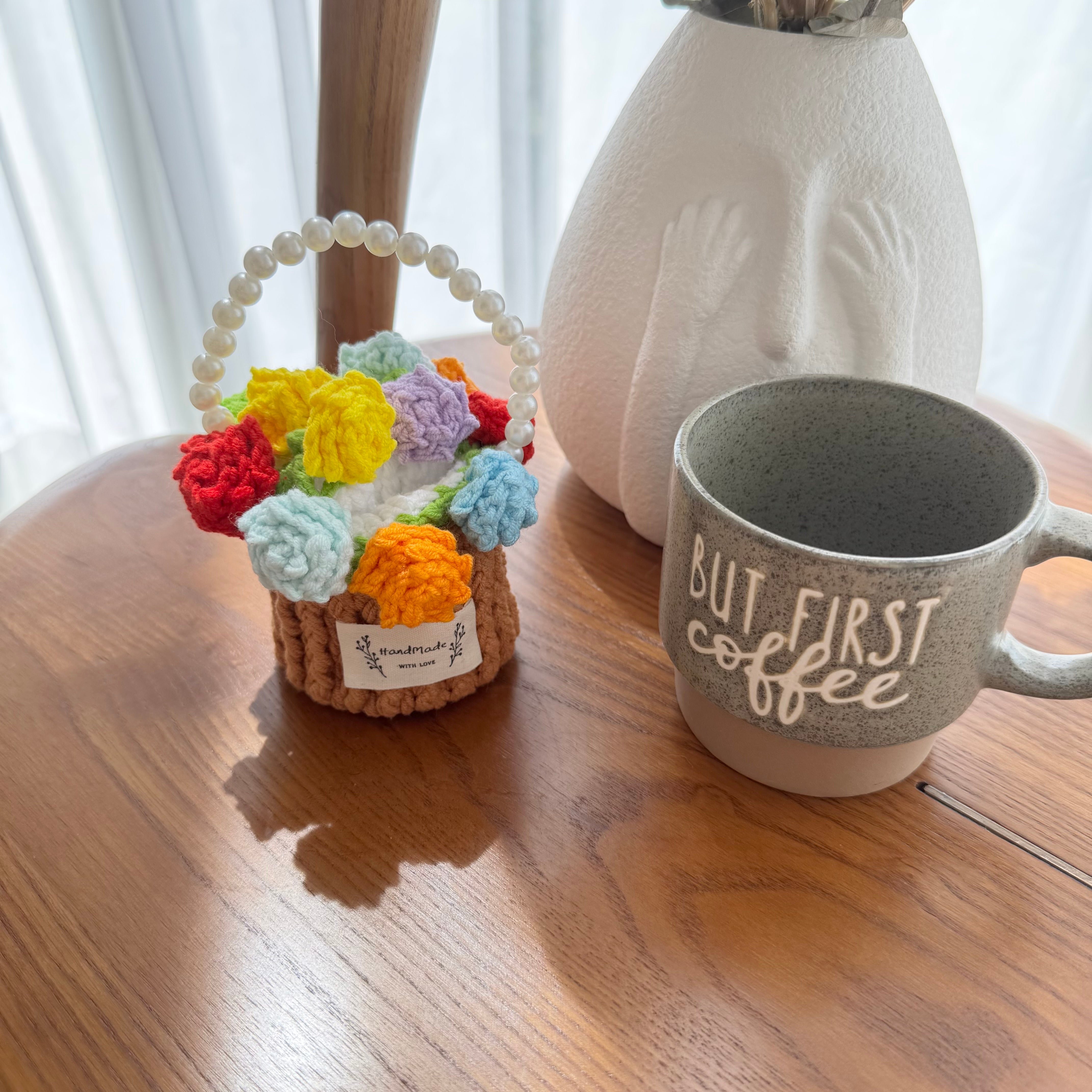 “Multicolor Rose” Handmade Crochet Flower Coaster with Basket Set - Artistic Home Decor