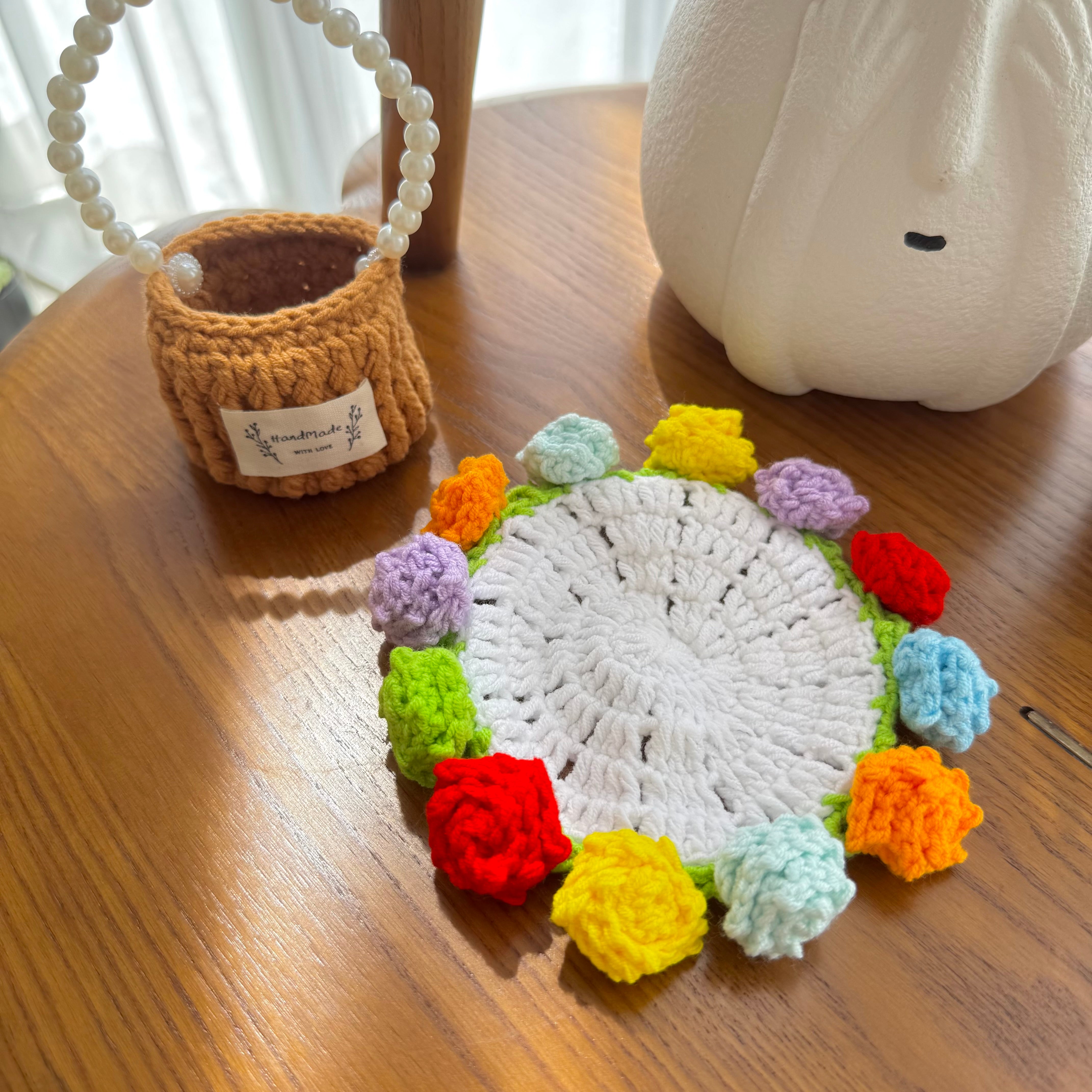 “Multicolor Rose” Handmade Crochet Flower Coaster with Basket Set - Artistic Home Decor