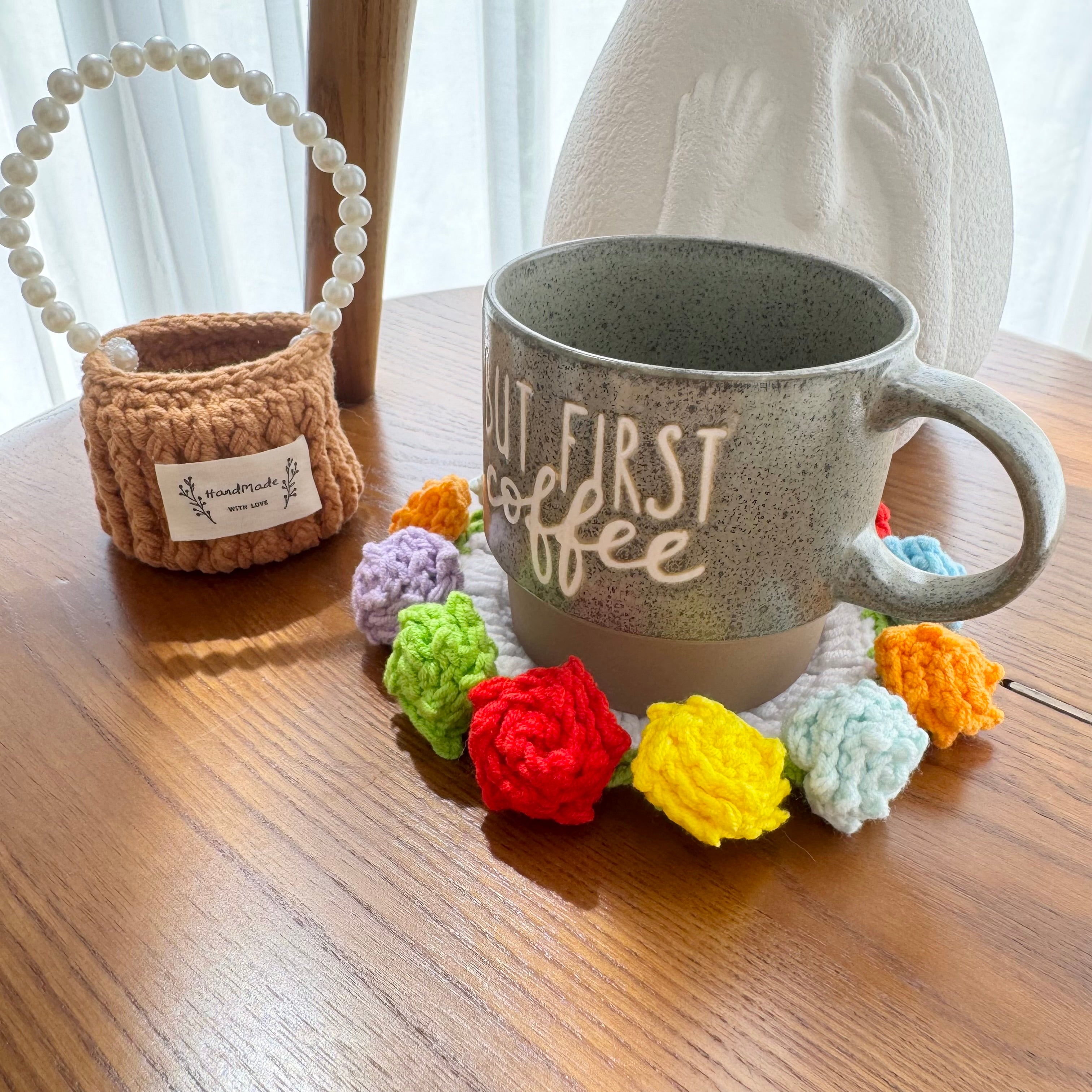 “Multicolor Rose” Handmade Crochet Flower Coaster with Basket Set - Artistic Home Decor