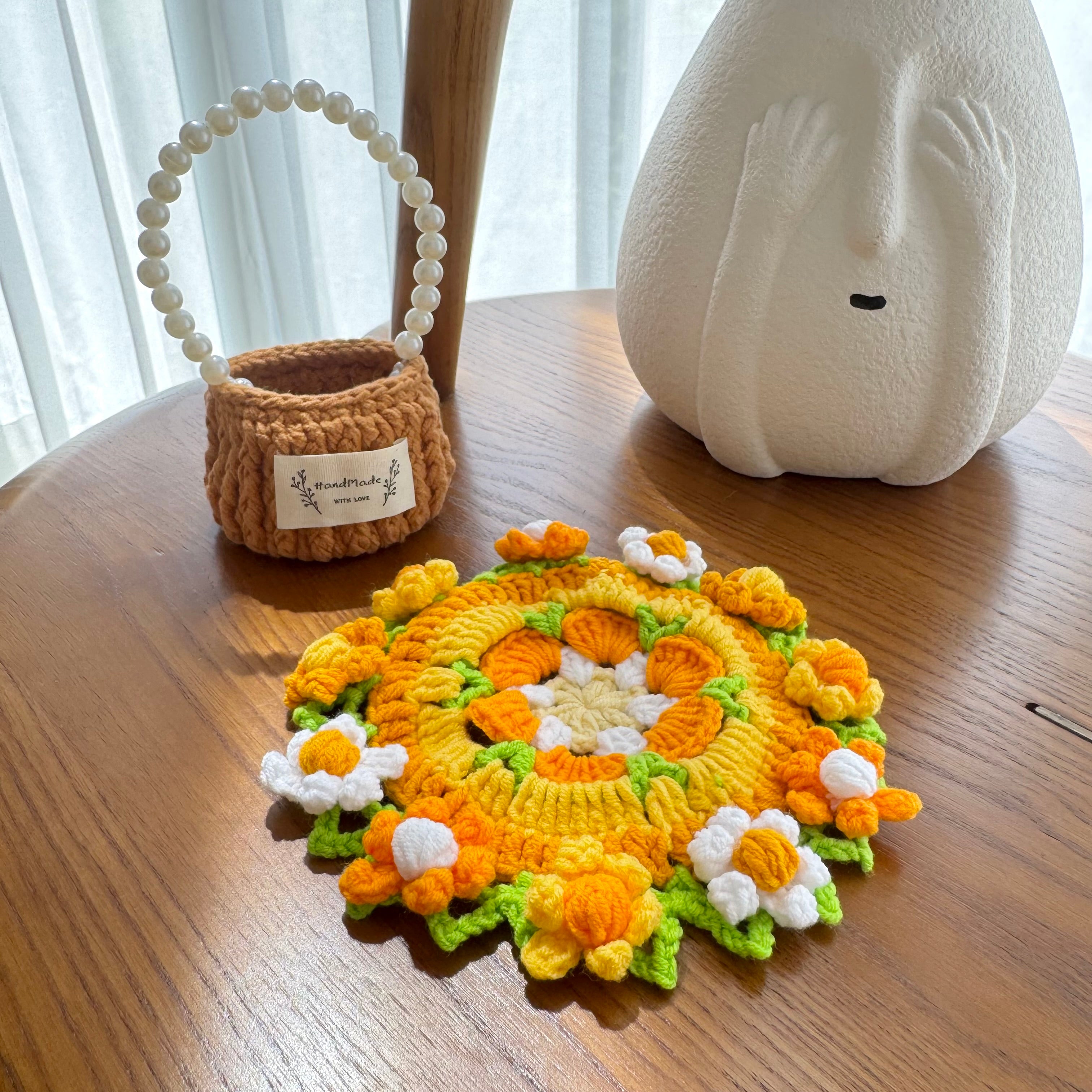 "Sunshine Daisy" Handmade Crochet Flower Coaster with Basket Set - Artistic Home Decor