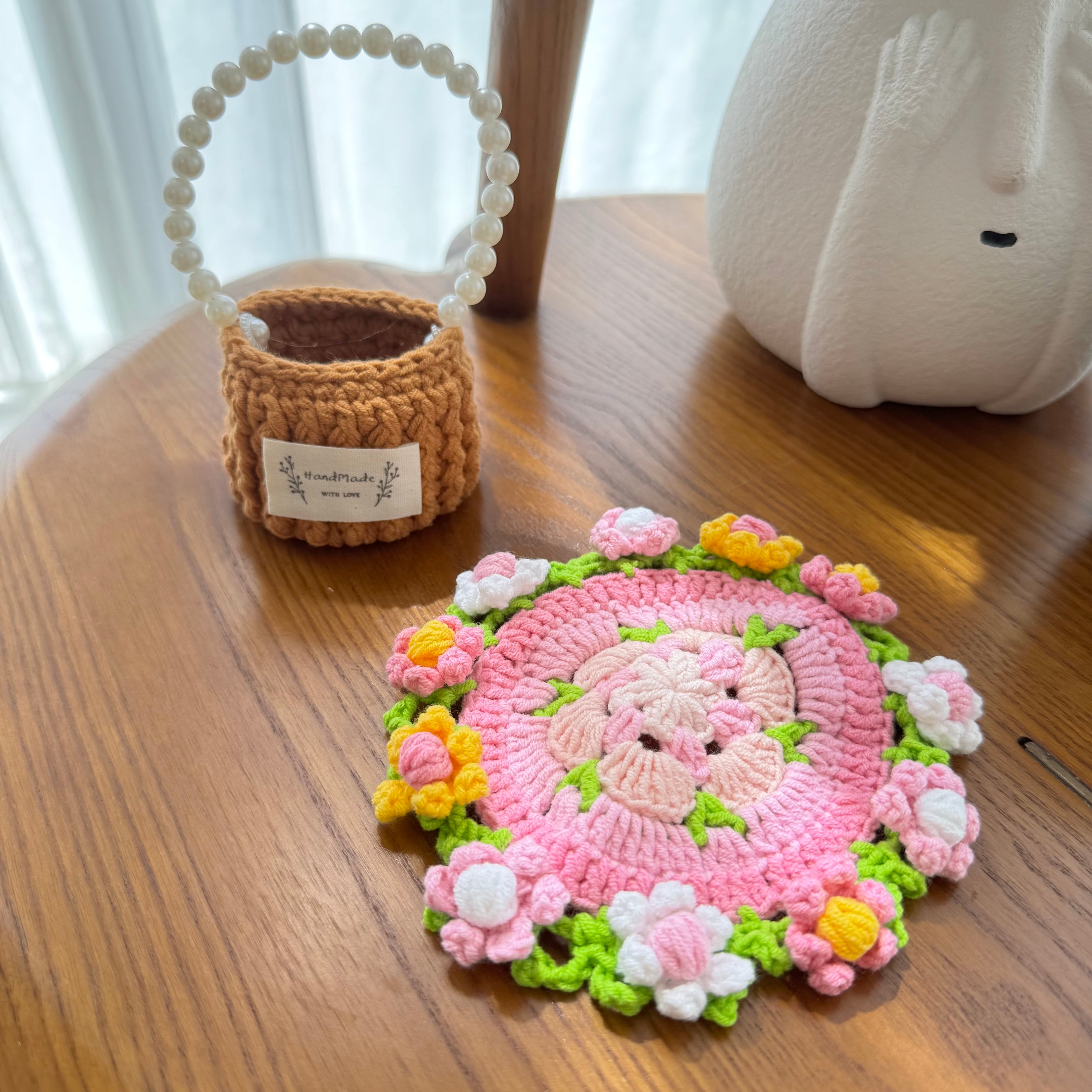 "Pastel Floral" Handmade Crochet Flower Coaster with Basket Set - Artistic Home Decor