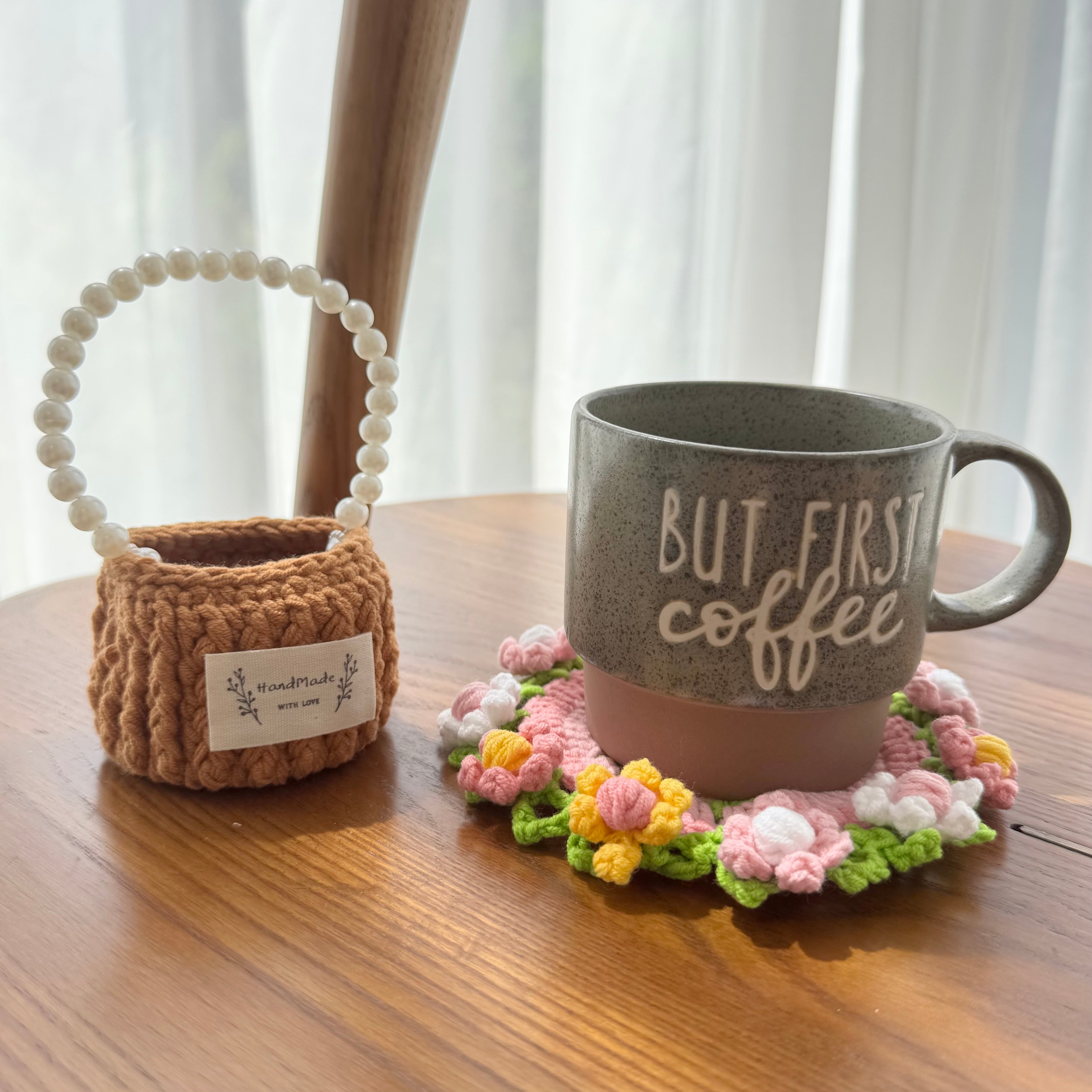 "Pastel Floral" Handmade Crochet Flower Coaster with Basket Set - Artistic Home Decor