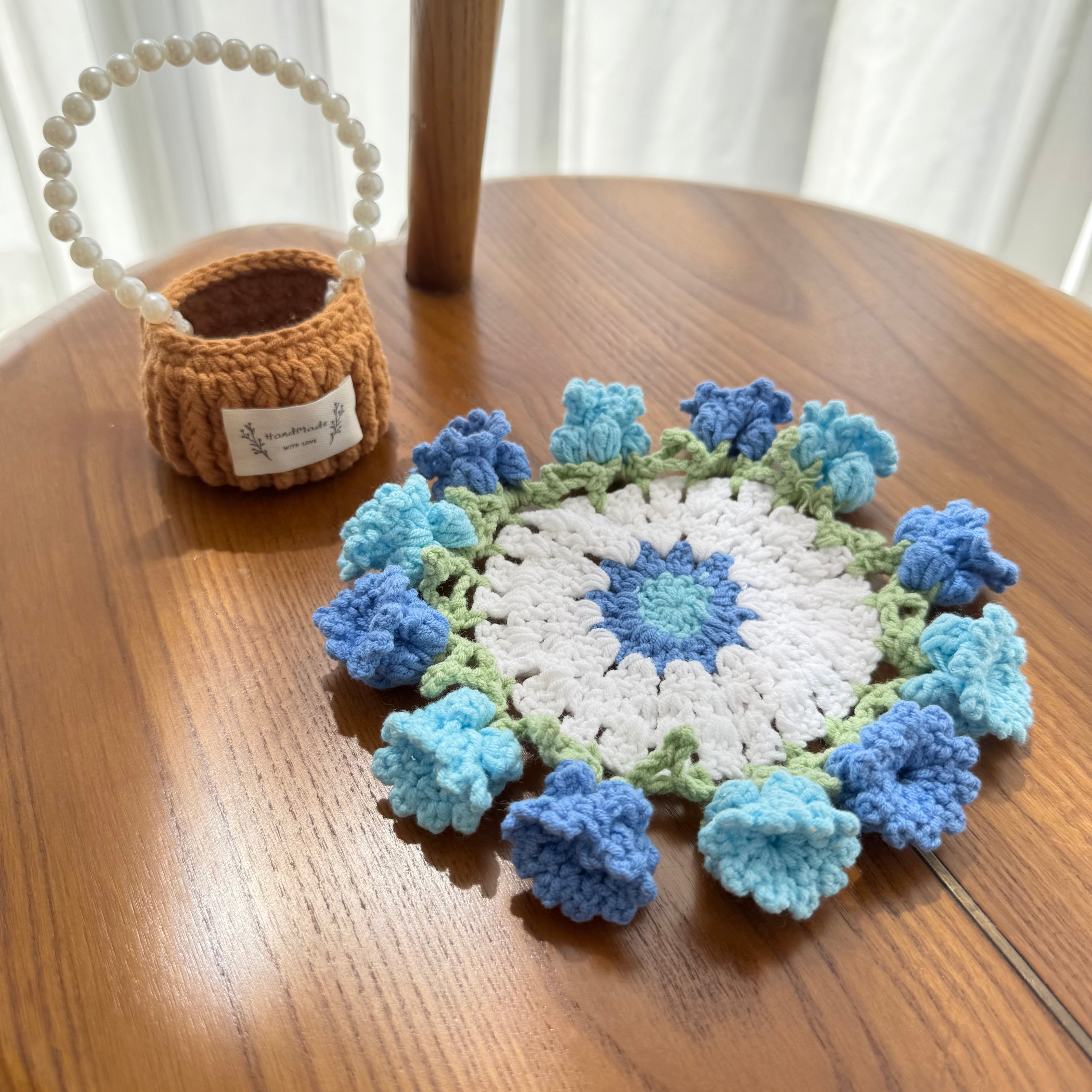 “Bluebell” Handmade Crochet Flower Coaster with Basket Set - Artistic Home Decor