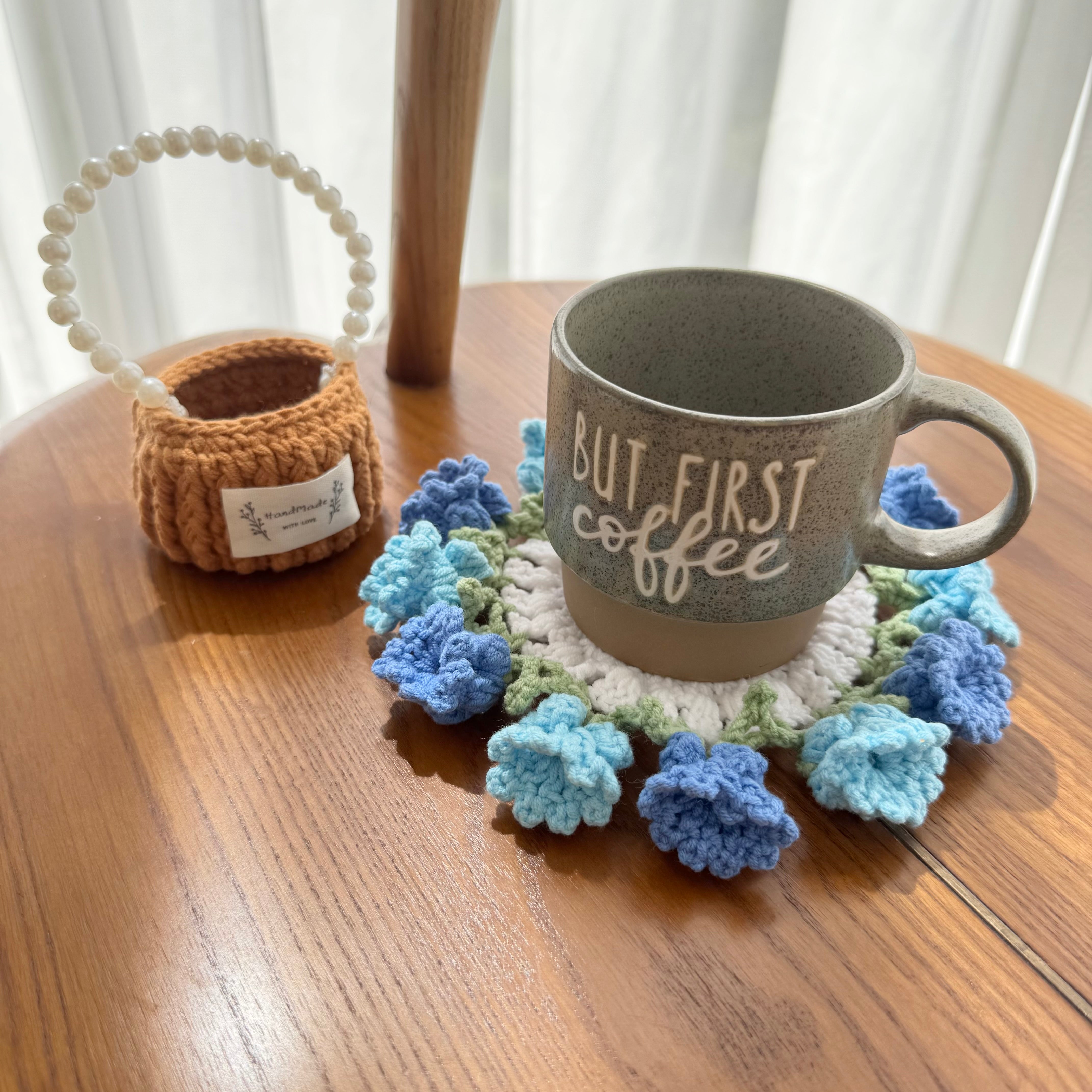 “Bluebell” Handmade Crochet Flower Coaster with Basket Set - Artistic Home Decor