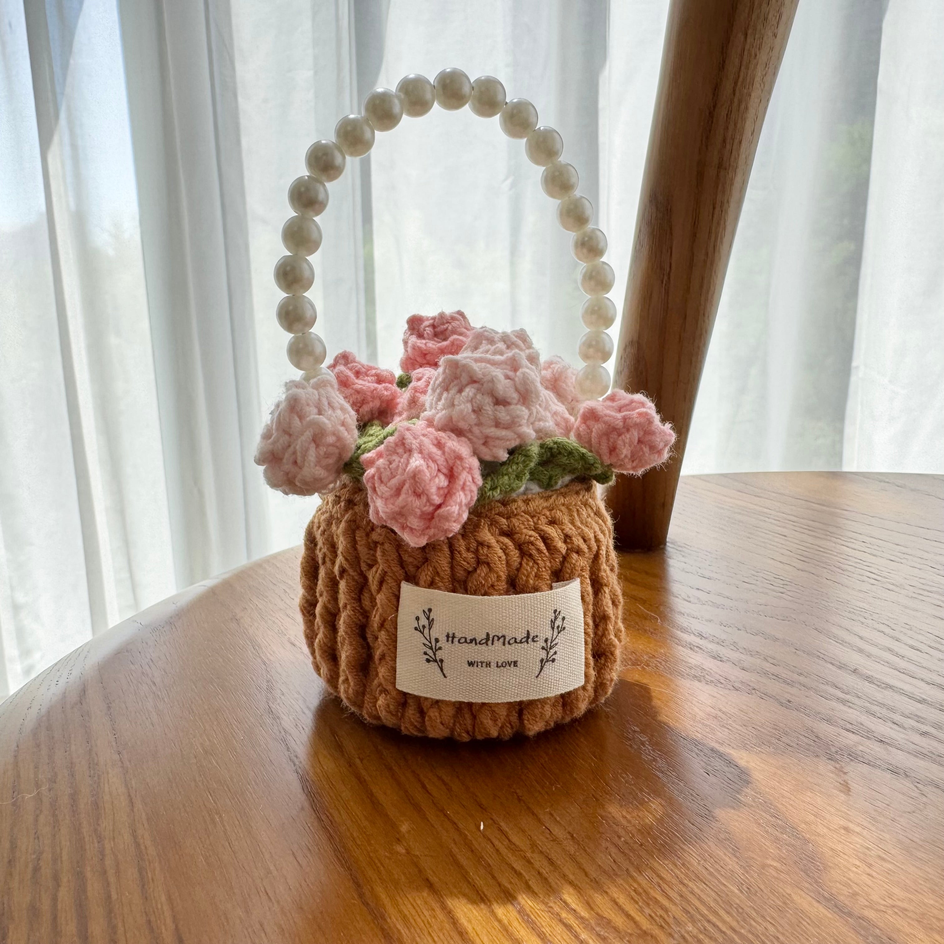 “Pink Rose” Handmade Crochet Flower Coaster with Basket Set - Artistic Home Decor