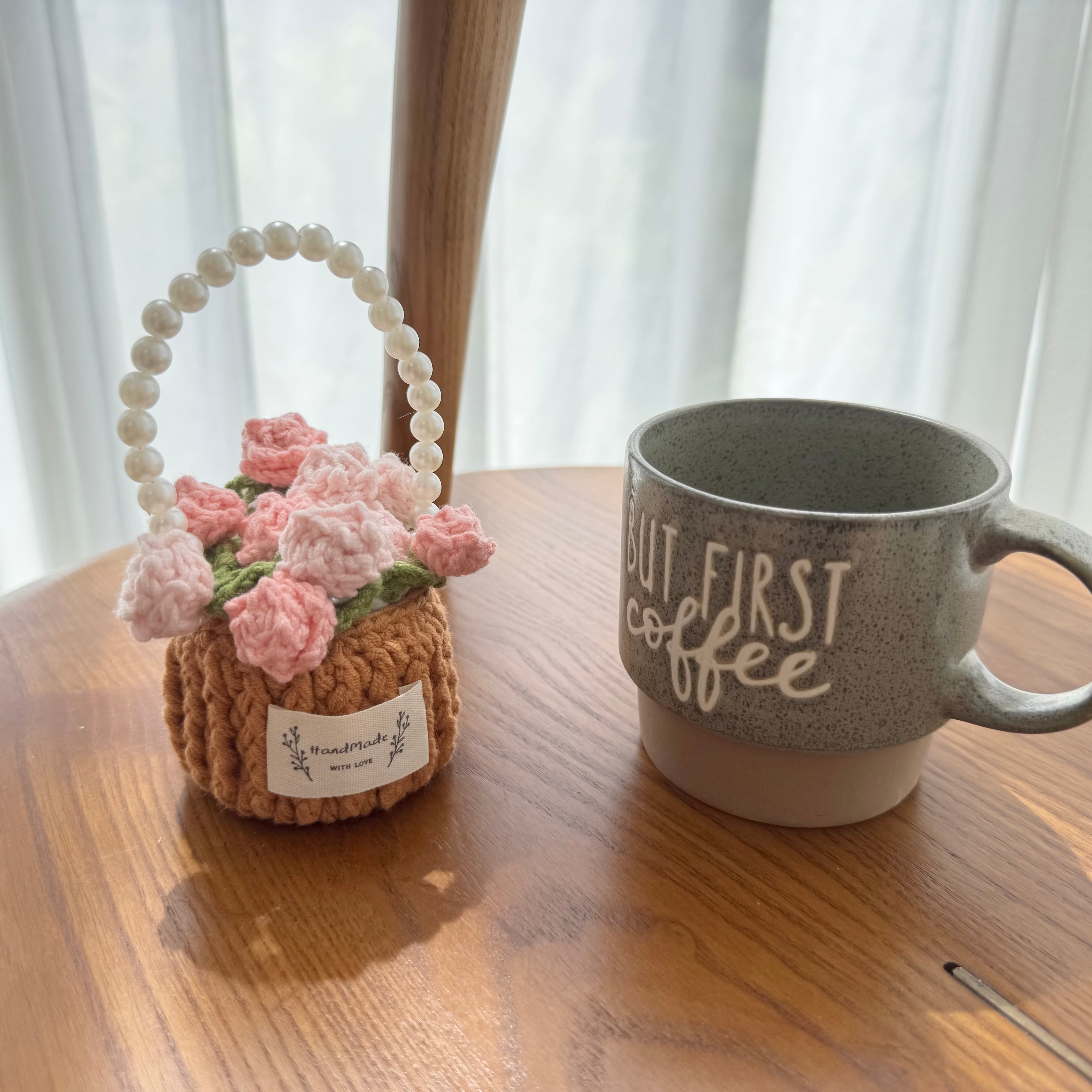 “Pink Rose” Handmade Crochet Flower Coaster with Basket Set - Artistic Home Decor