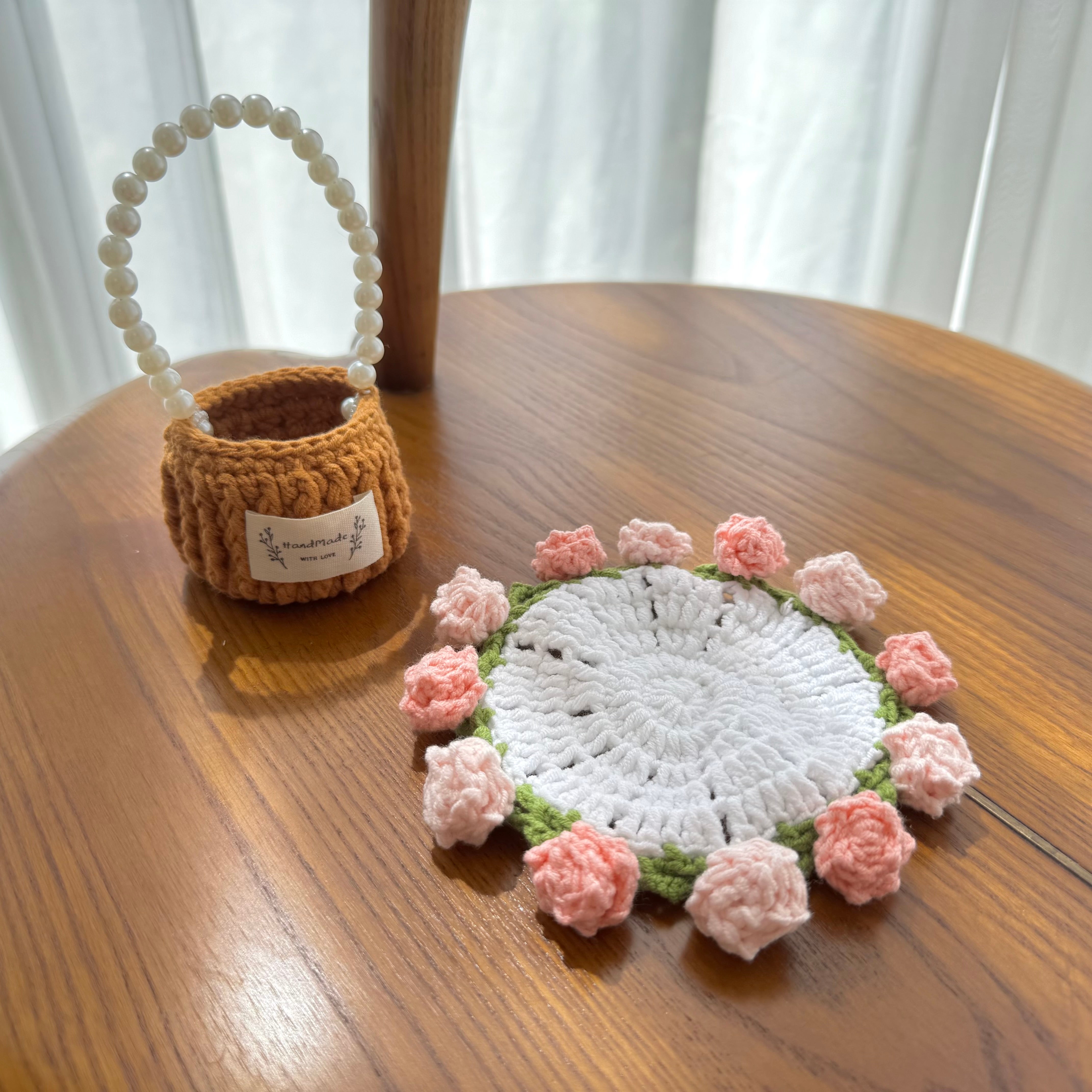 “Pink Rose” Handmade Crochet Flower Coaster with Basket Set - Artistic Home Decor