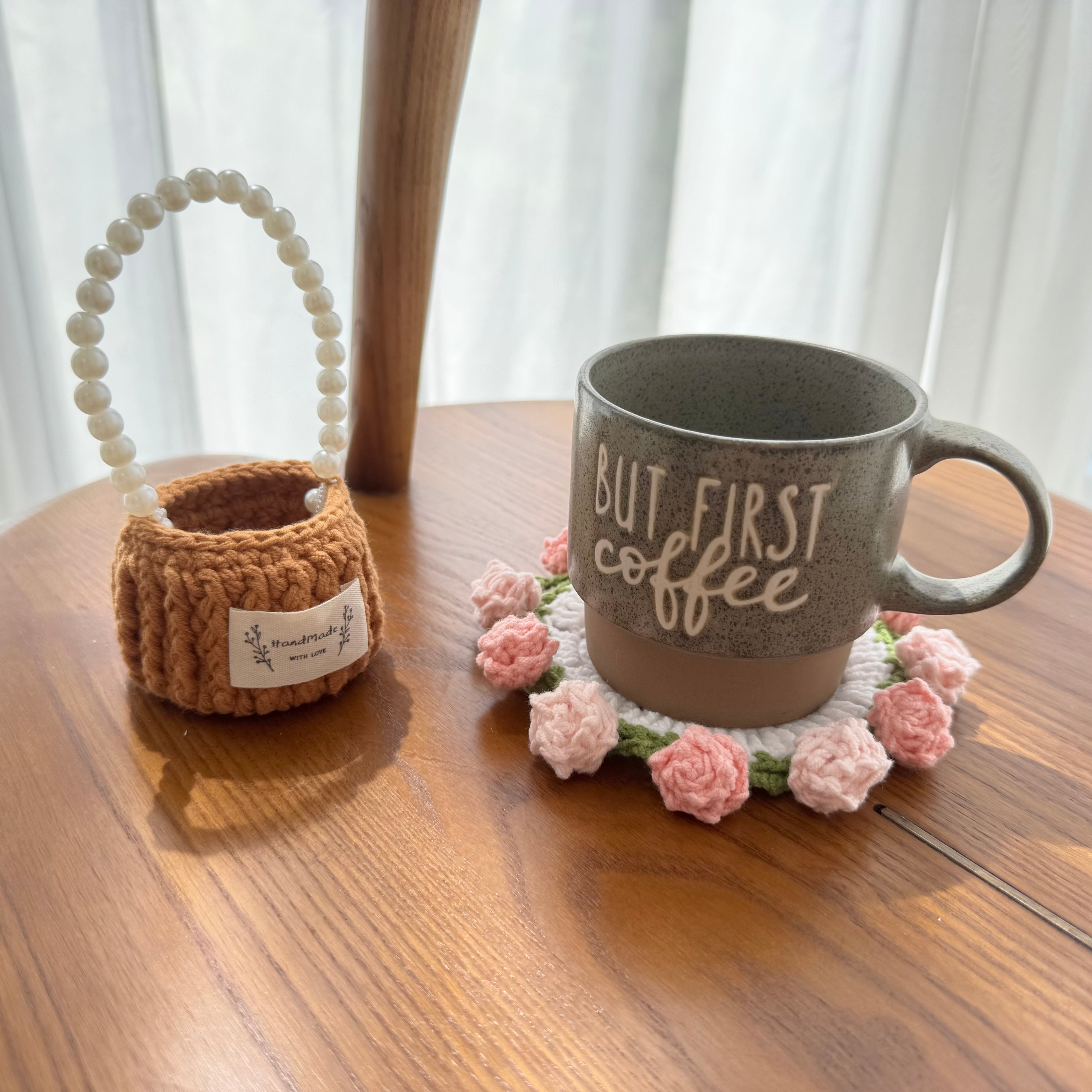 “Pink Rose” Handmade Crochet Flower Coaster with Basket Set - Artistic Home Decor