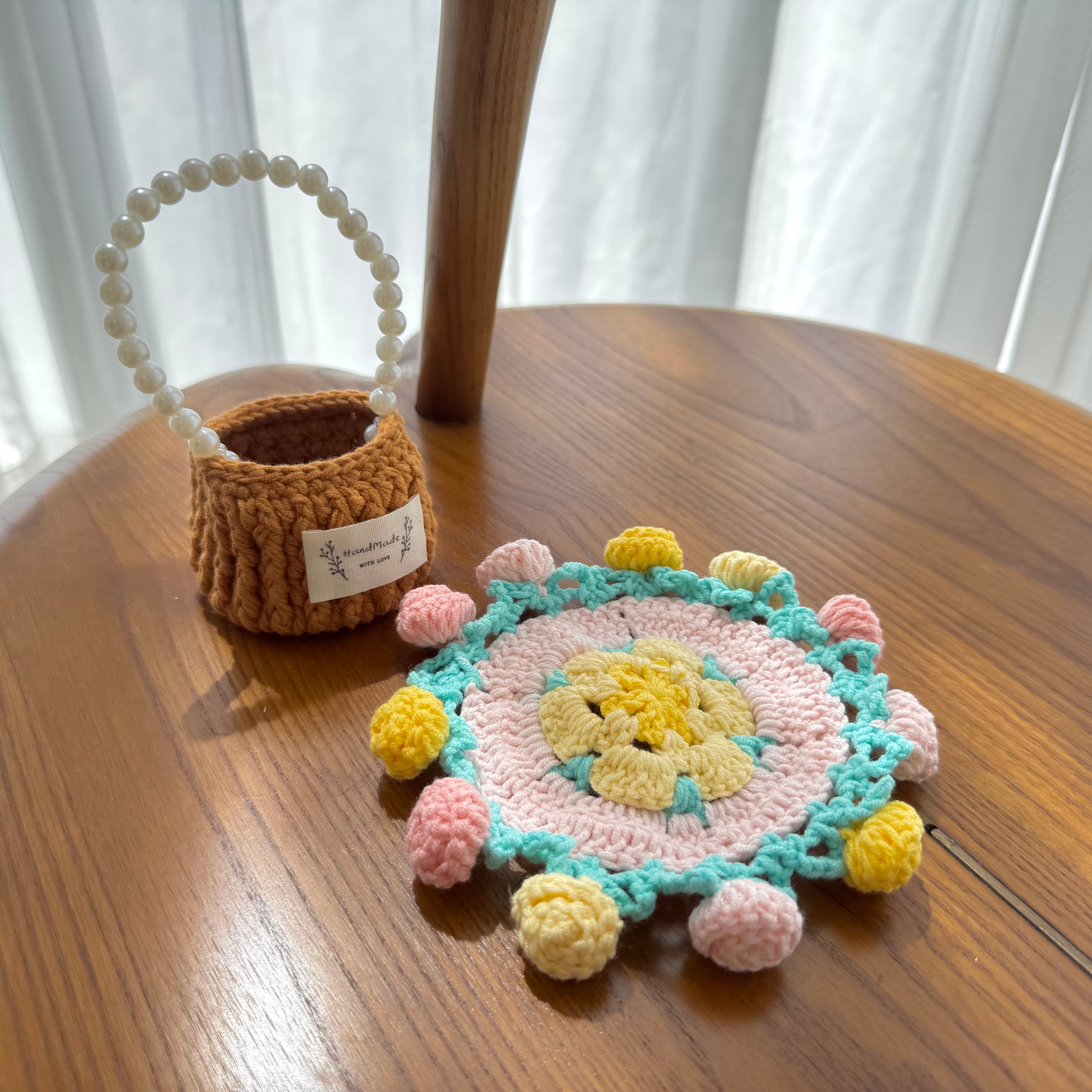 "Pom Pom Flower" Handmade Crochet Flower Coaster with Basket Set - Artistic Home Decor