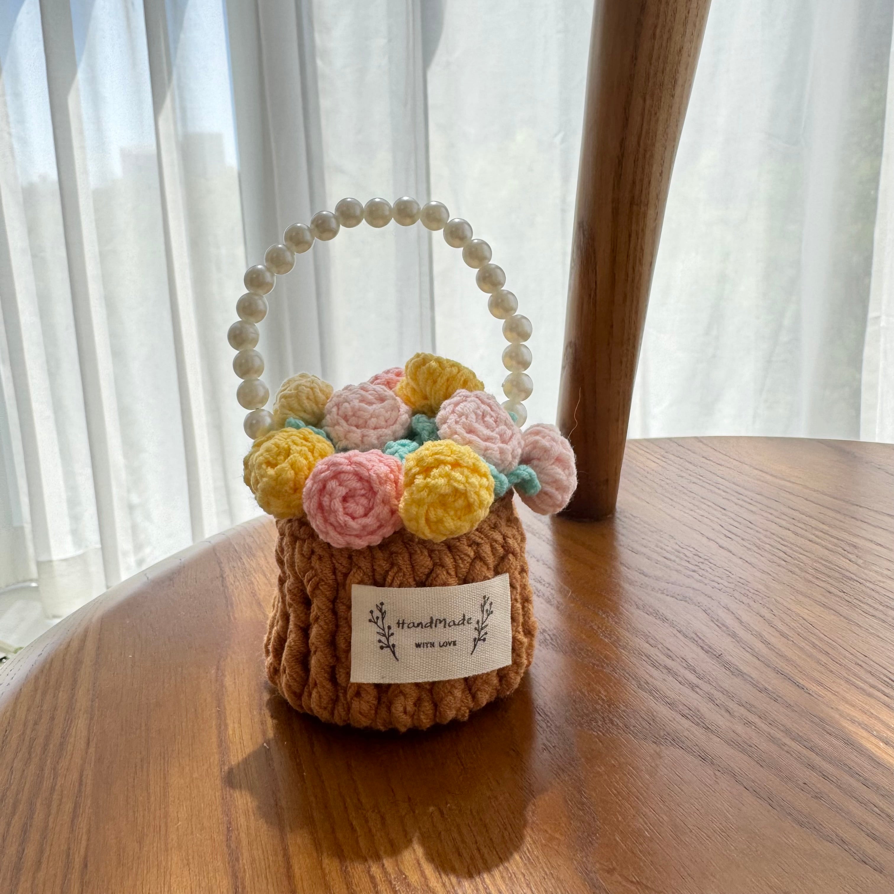 "Pom Pom Flower" Handmade Crochet Flower Coaster with Basket Set - Artistic Home Decor