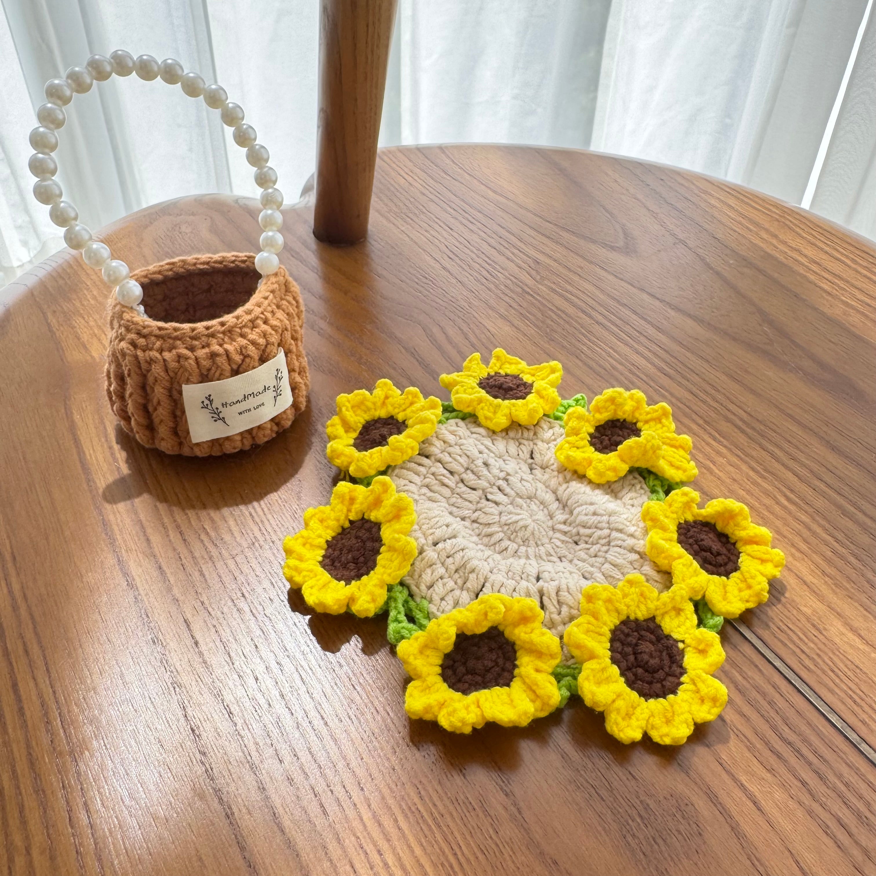 “Sunflower” Handmade Crochet Flower Coaster with Basket Set - Artistic Home Decor