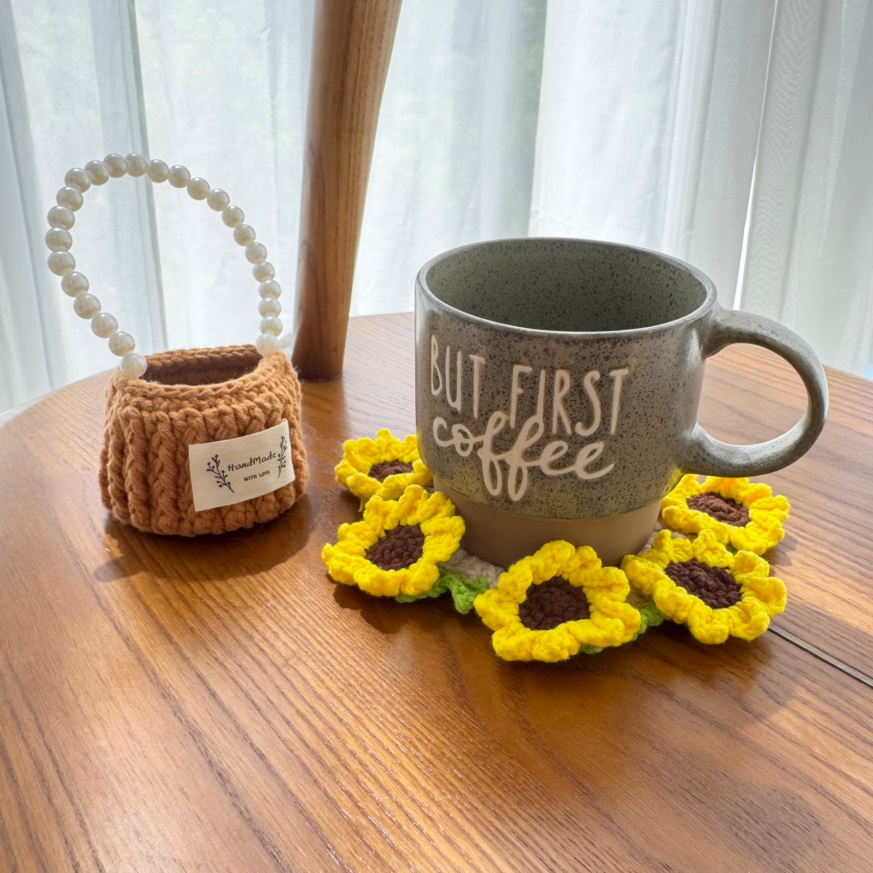“Sunflower” Handmade Crochet Flower Coaster with Basket Set - Artistic Home Decor