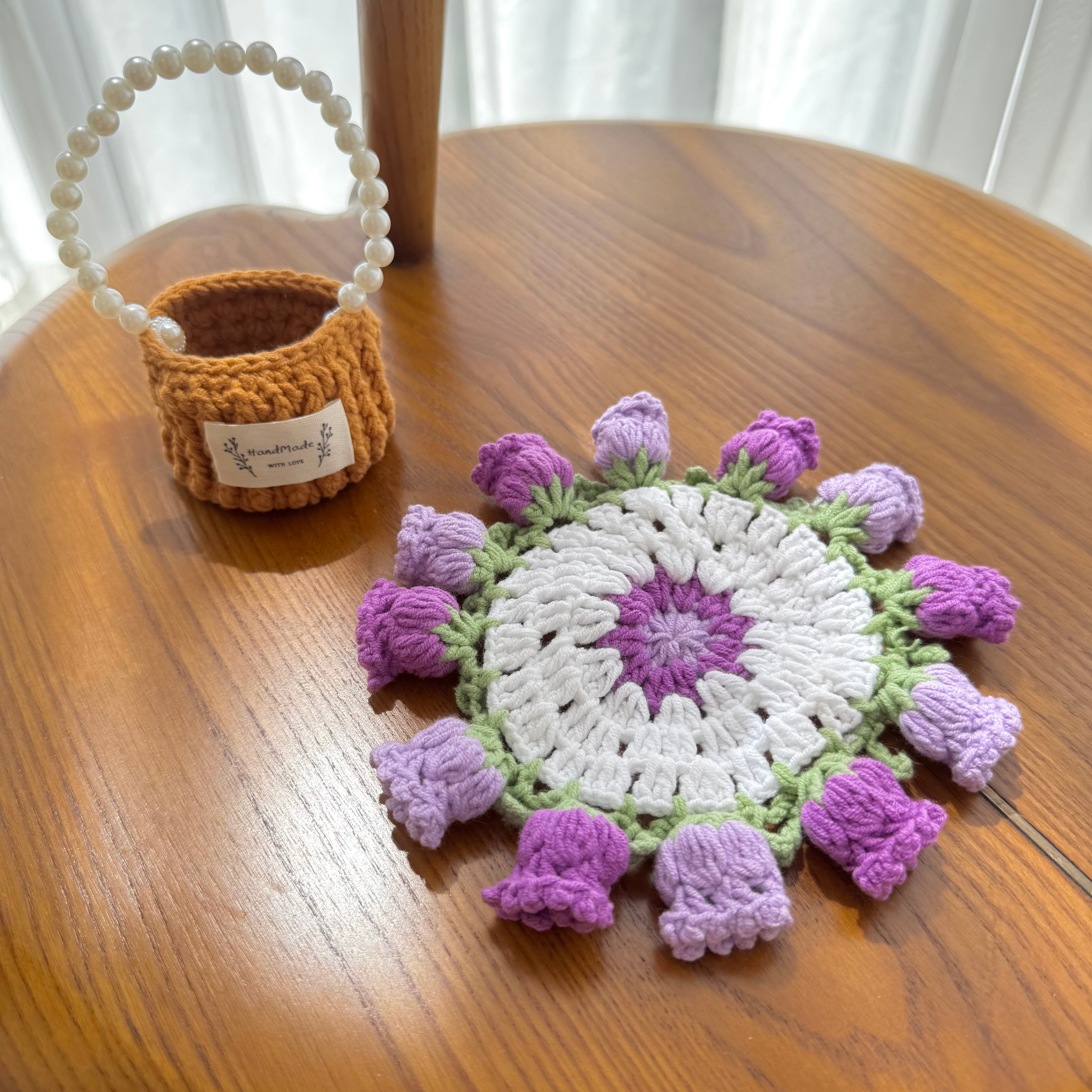 “Violet” Handmade Crochet Flower Coaster & Basket Set - Artistic Home Decor