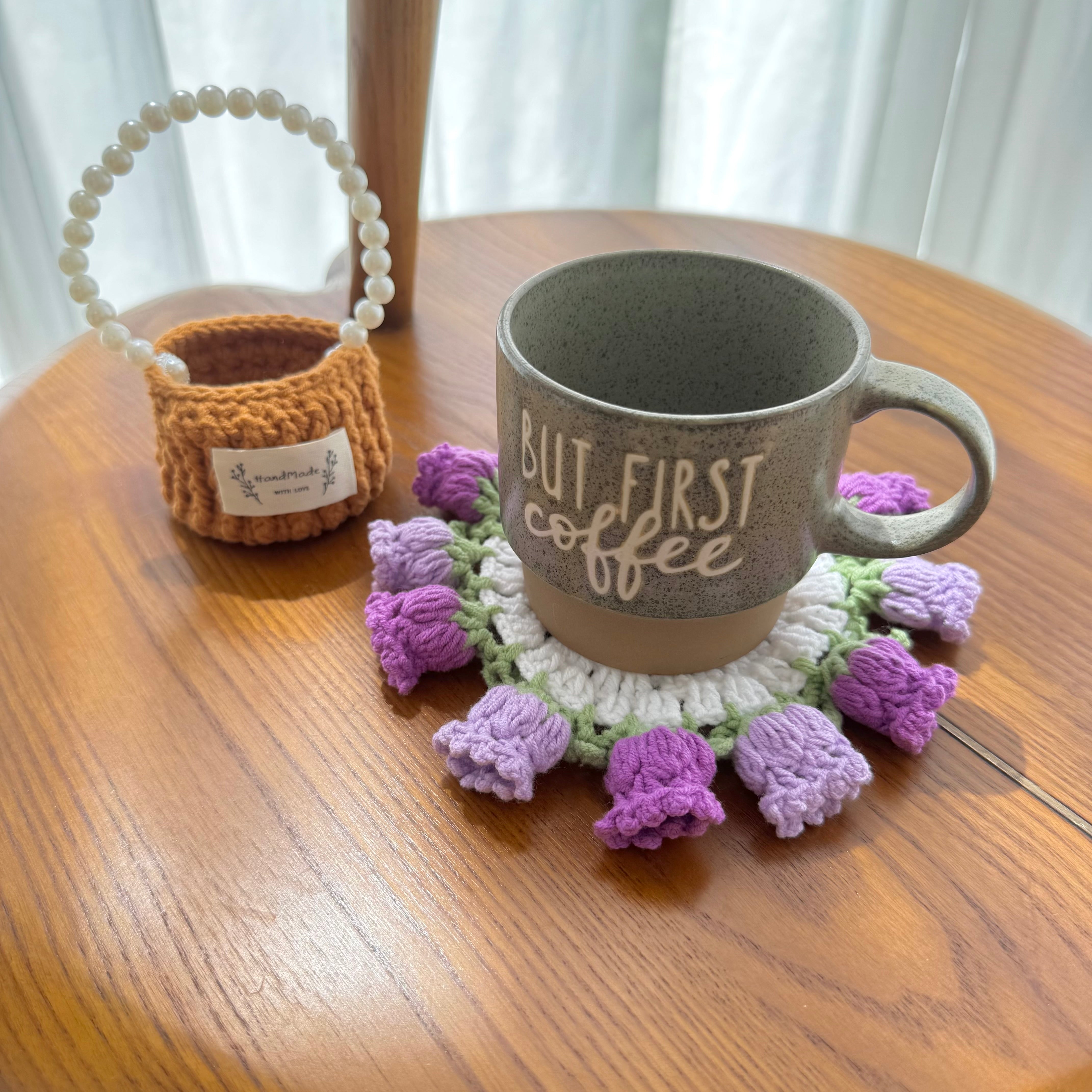 “Violet” Handmade Crochet Flower Coaster & Basket Set - Artistic Home Decor
