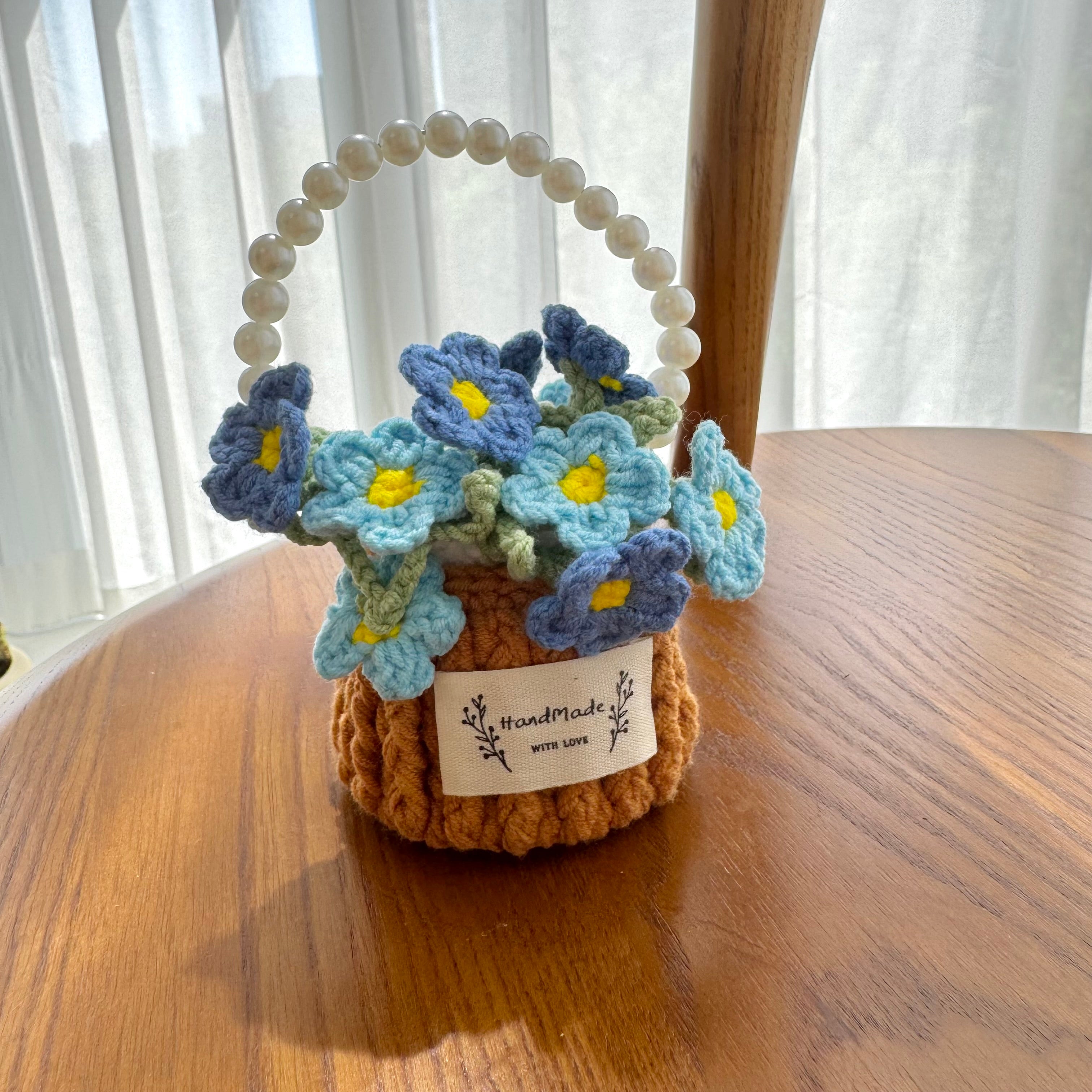 “Forget Me Not” Handmade Crochet Flower Coaster with Basket Set - Artistic Home Decor