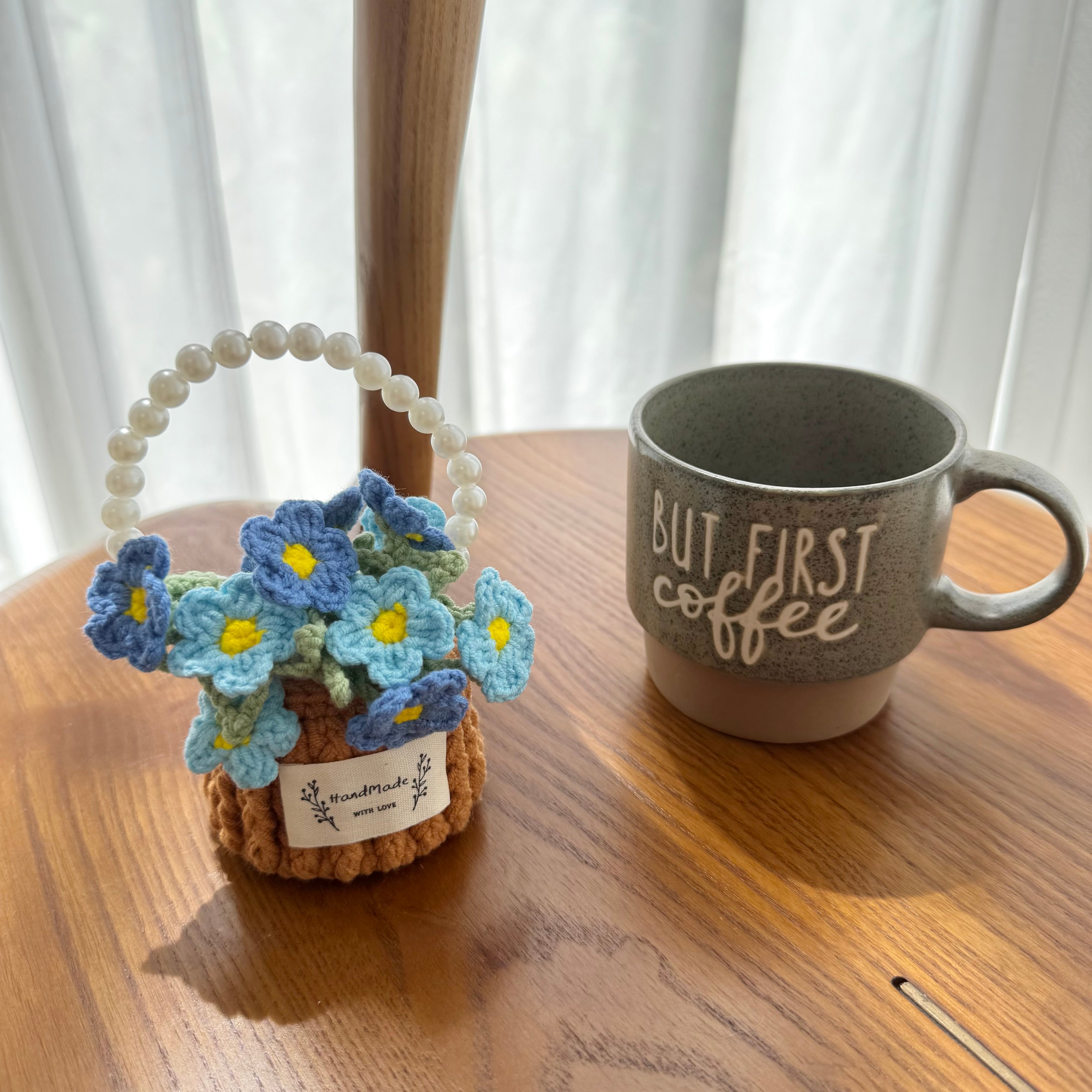 “Forget Me Not” Handmade Crochet Flower Coaster with Basket Set - Artistic Home Decor