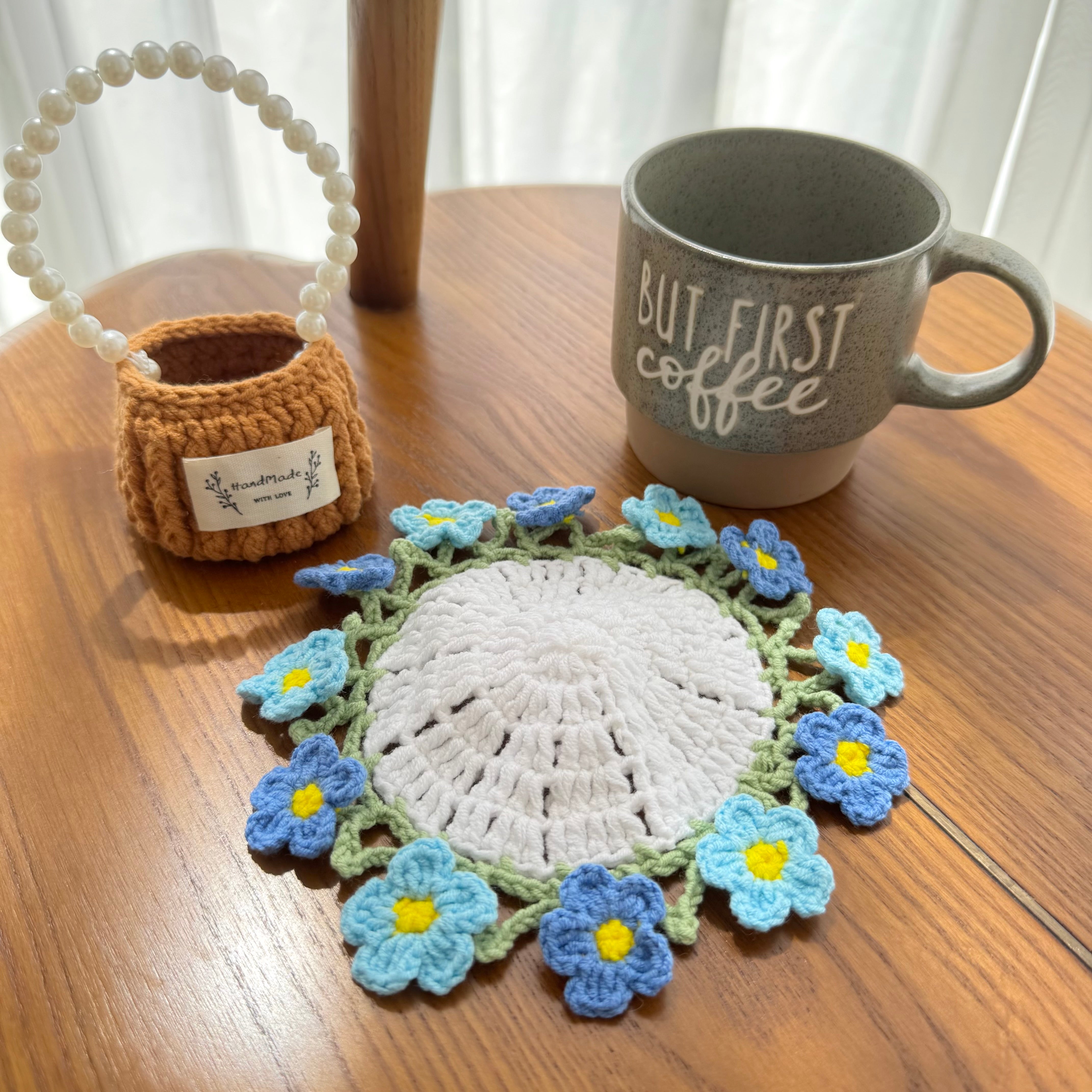 “Forget Me Not” Handmade Crochet Flower Coaster with Basket Set - Artistic Home Decor