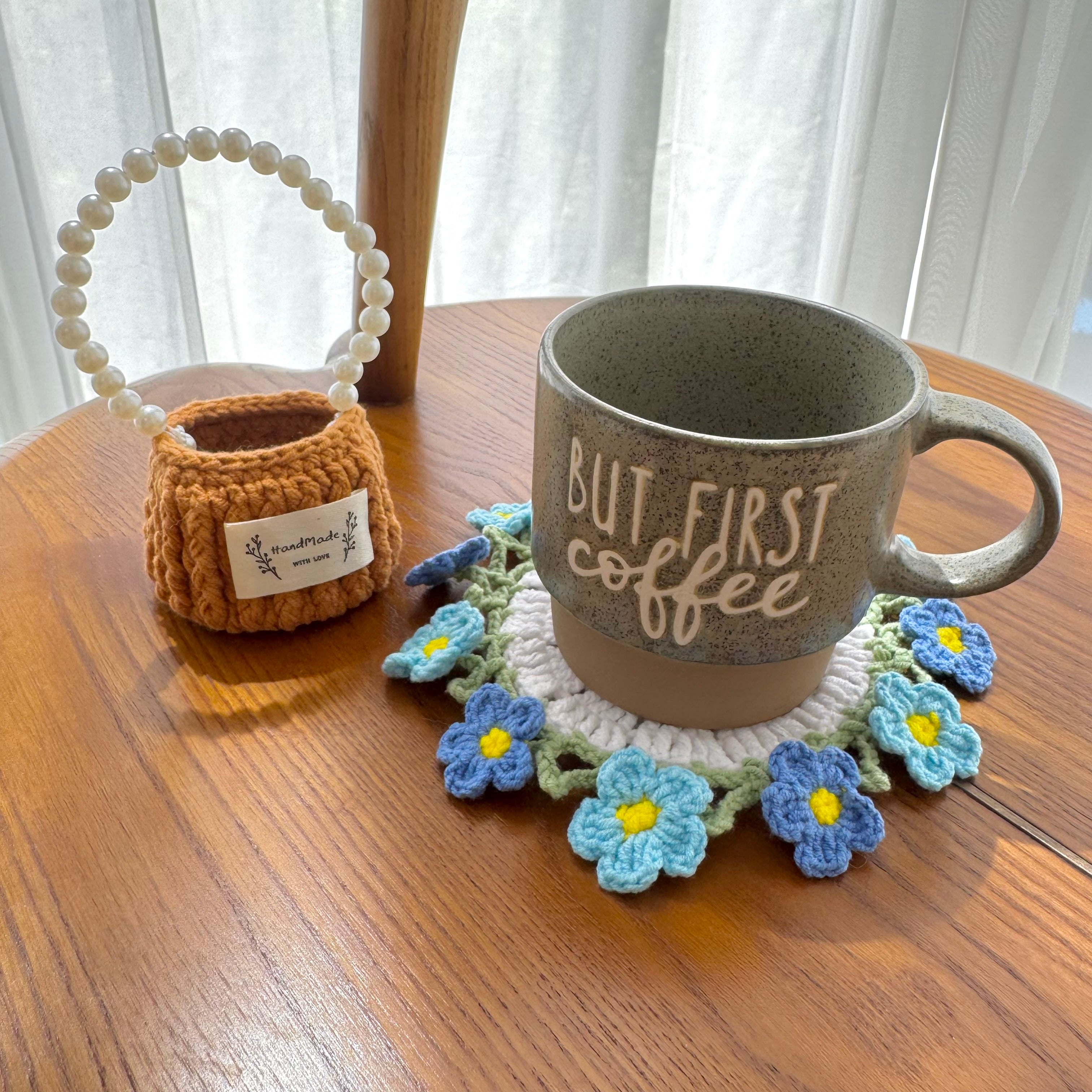 “Forget Me Not” Handmade Crochet Flower Coaster with Basket Set - Artistic Home Decor