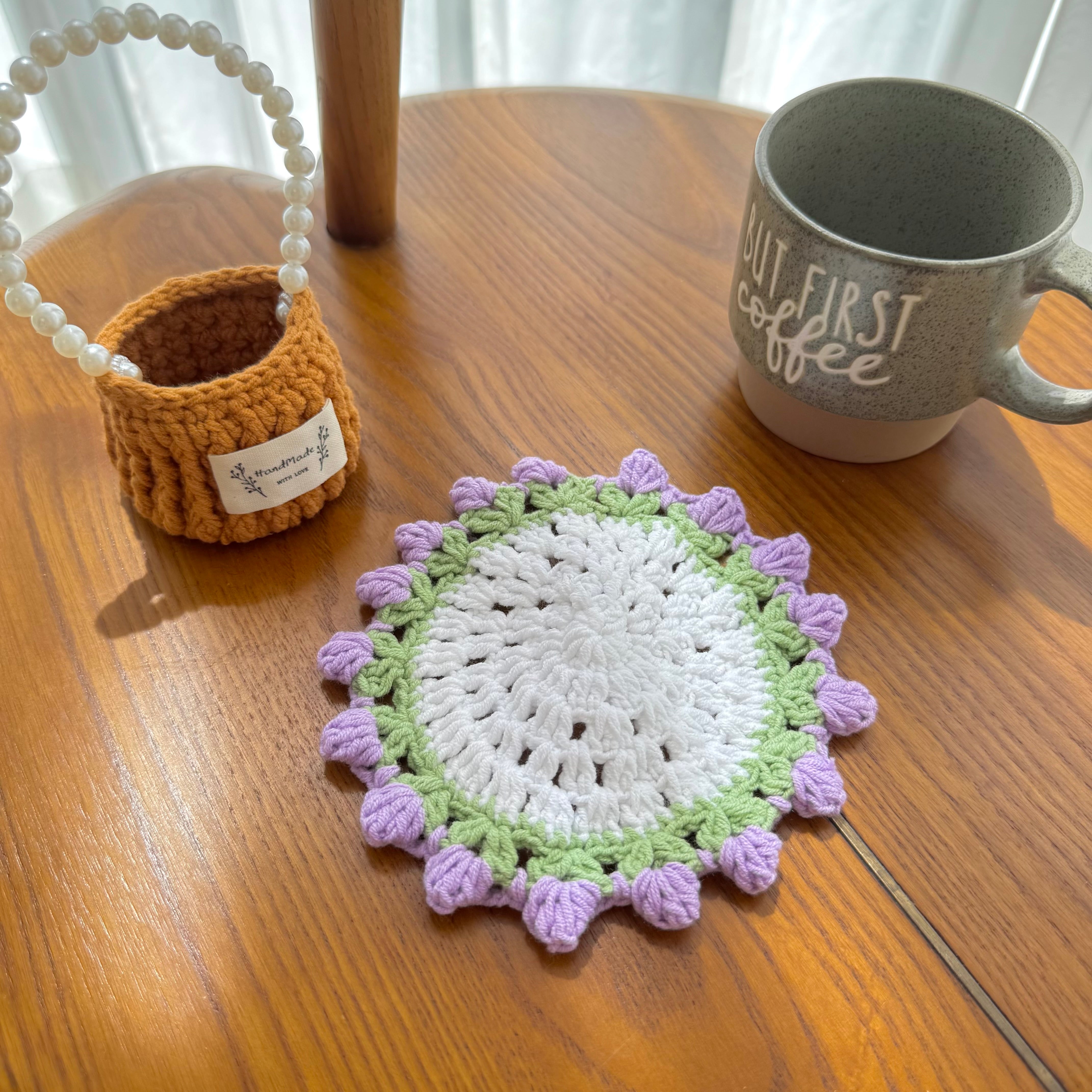 “Lavender” Handmade Crochet Flower Coaster with Basket Set - Artistic Home Decor
