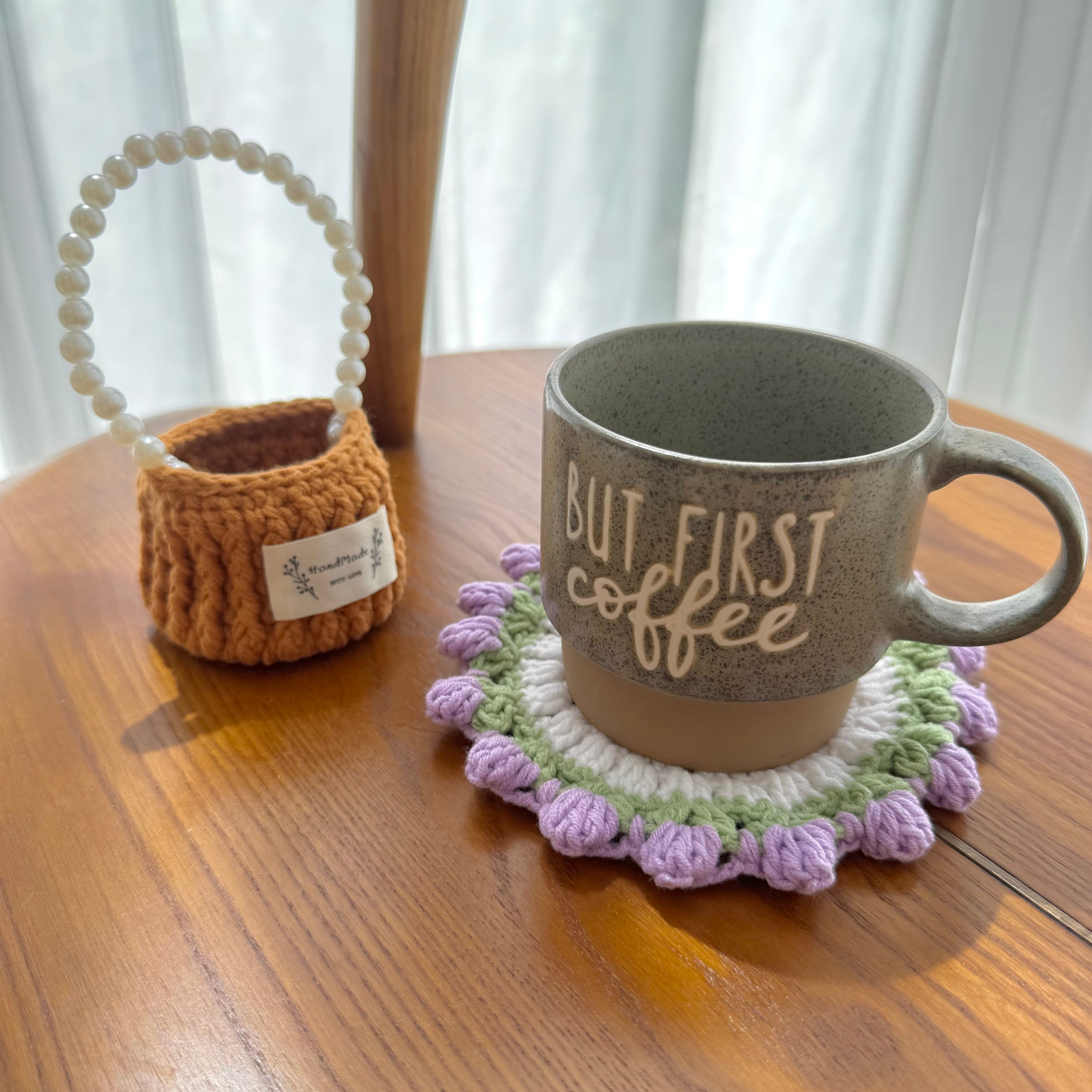 “Lavender” Handmade Crochet Flower Coaster with Basket Set - Artistic Home Decor