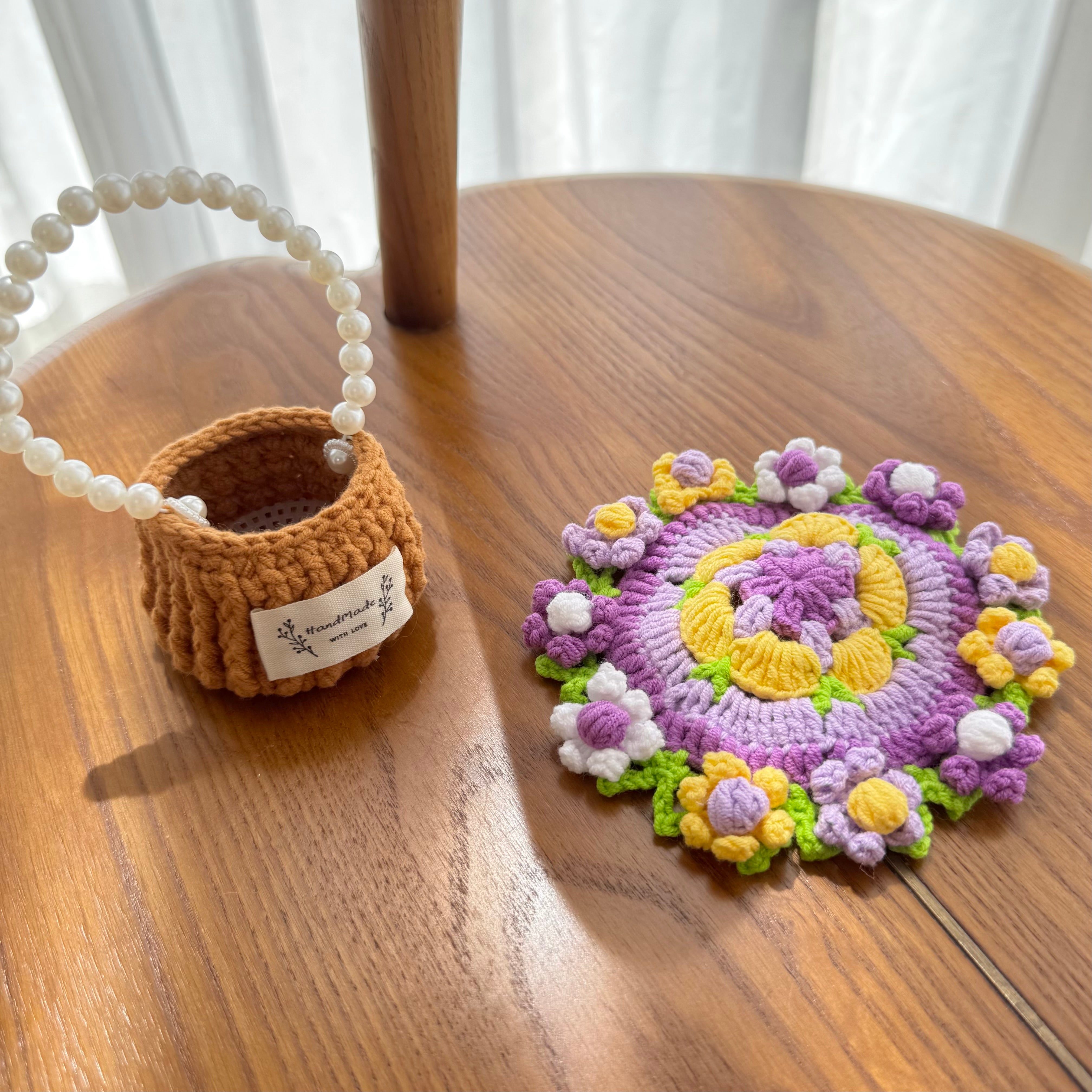 “Purple - Yellow Posy” Handmade Crochet Flower Coaster with Basket Set - Artistic Home Decor