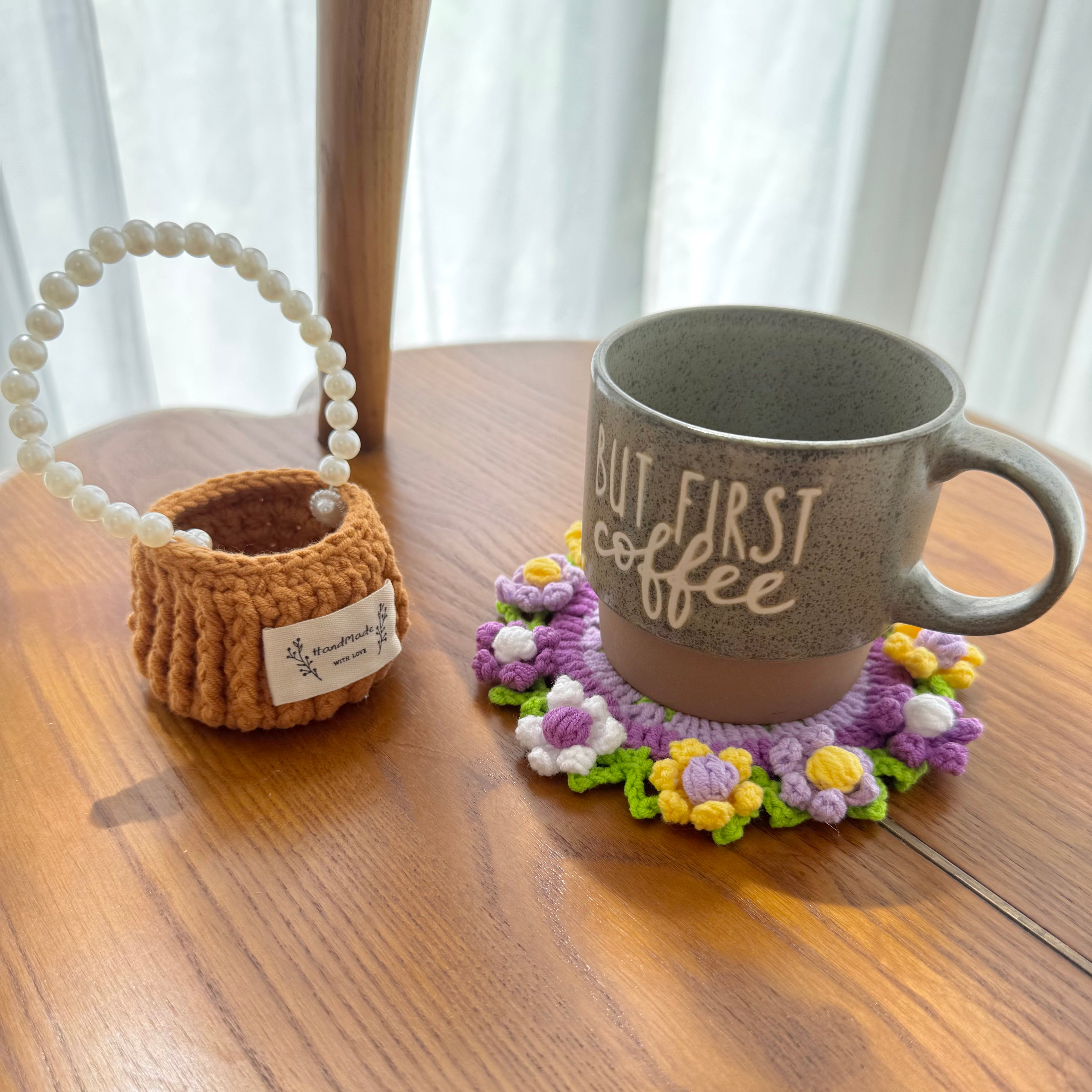 “Purple - Yellow Posy” Handmade Crochet Flower Coaster with Basket Set - Artistic Home Decor