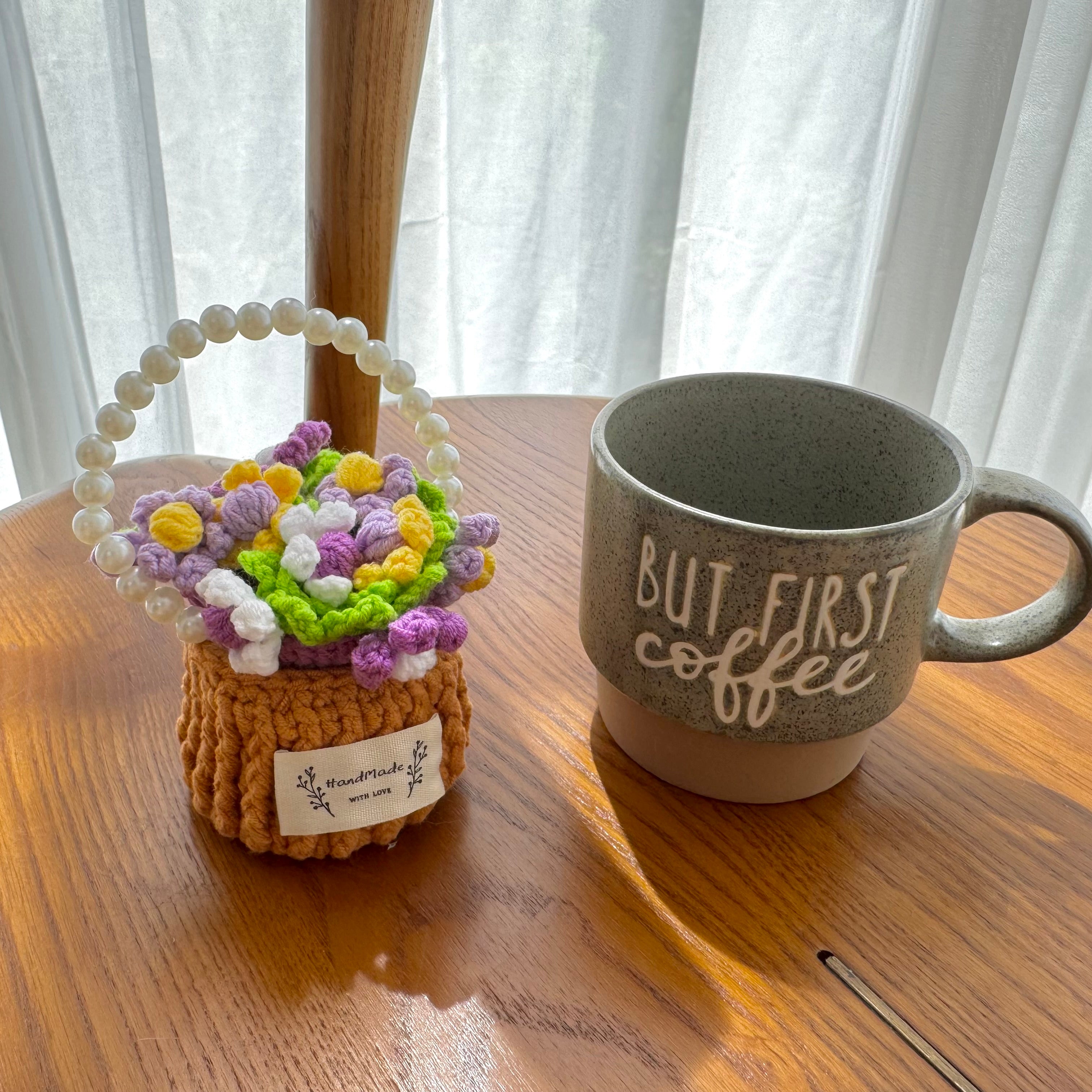 “Purple - Yellow Posy” Handmade Crochet Flower Coaster with Basket Set - Artistic Home Decor