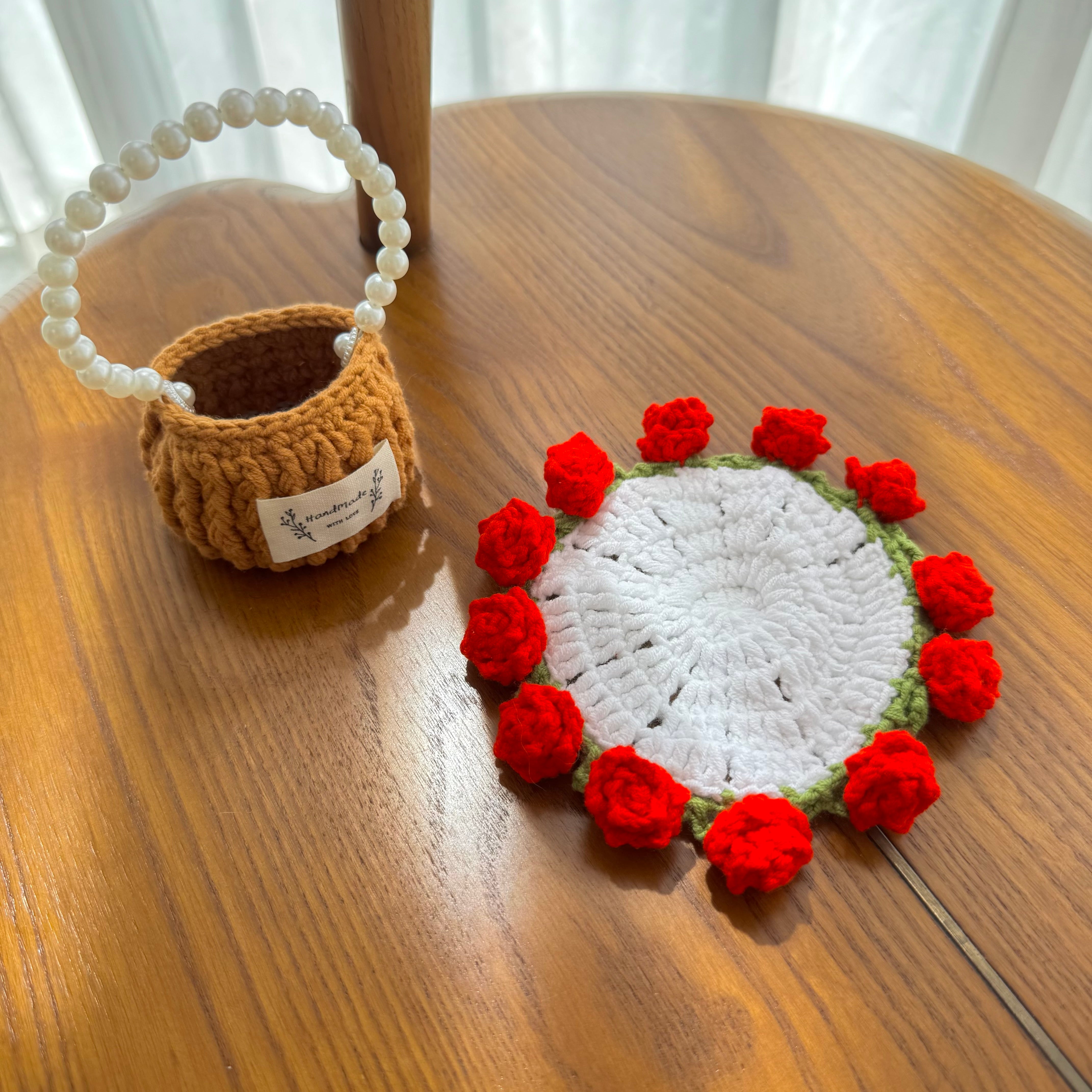 "Red Rose" Handmade Crochet Flower Coaster with Basket Set - Artistic Home Decor