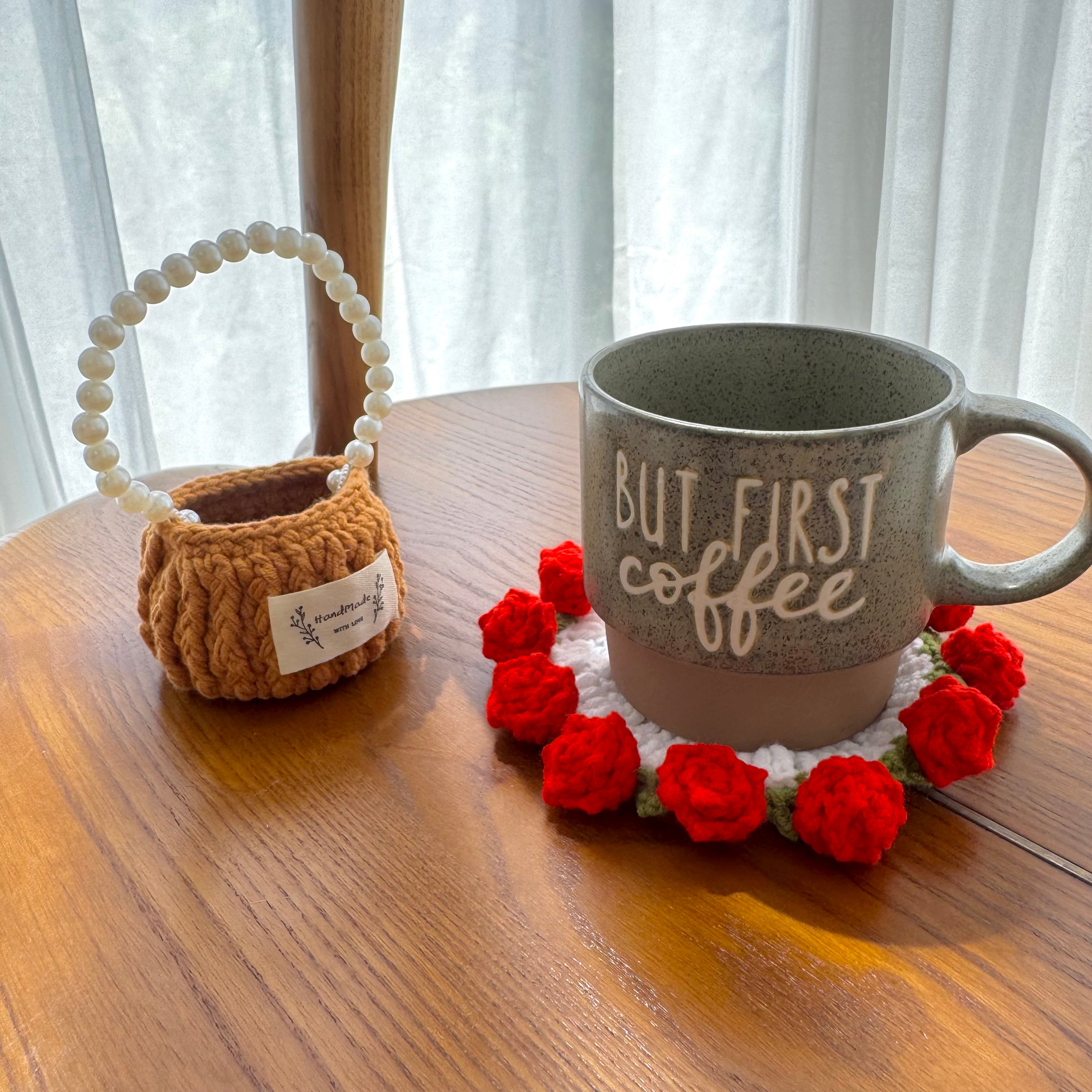 "Red Rose" Handmade Crochet Flower Coaster with Basket Set - Artistic Home Decor